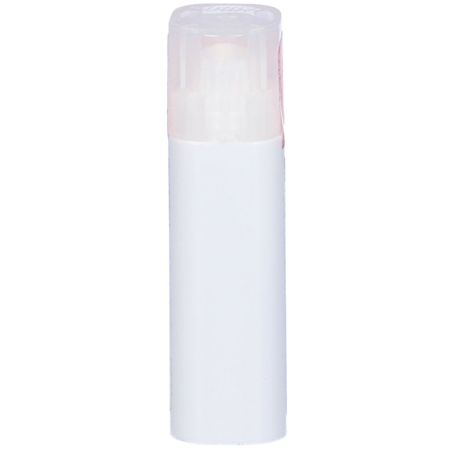 Flacone cilindrico bianco con coperchio trasparente. Etichetta rosa.