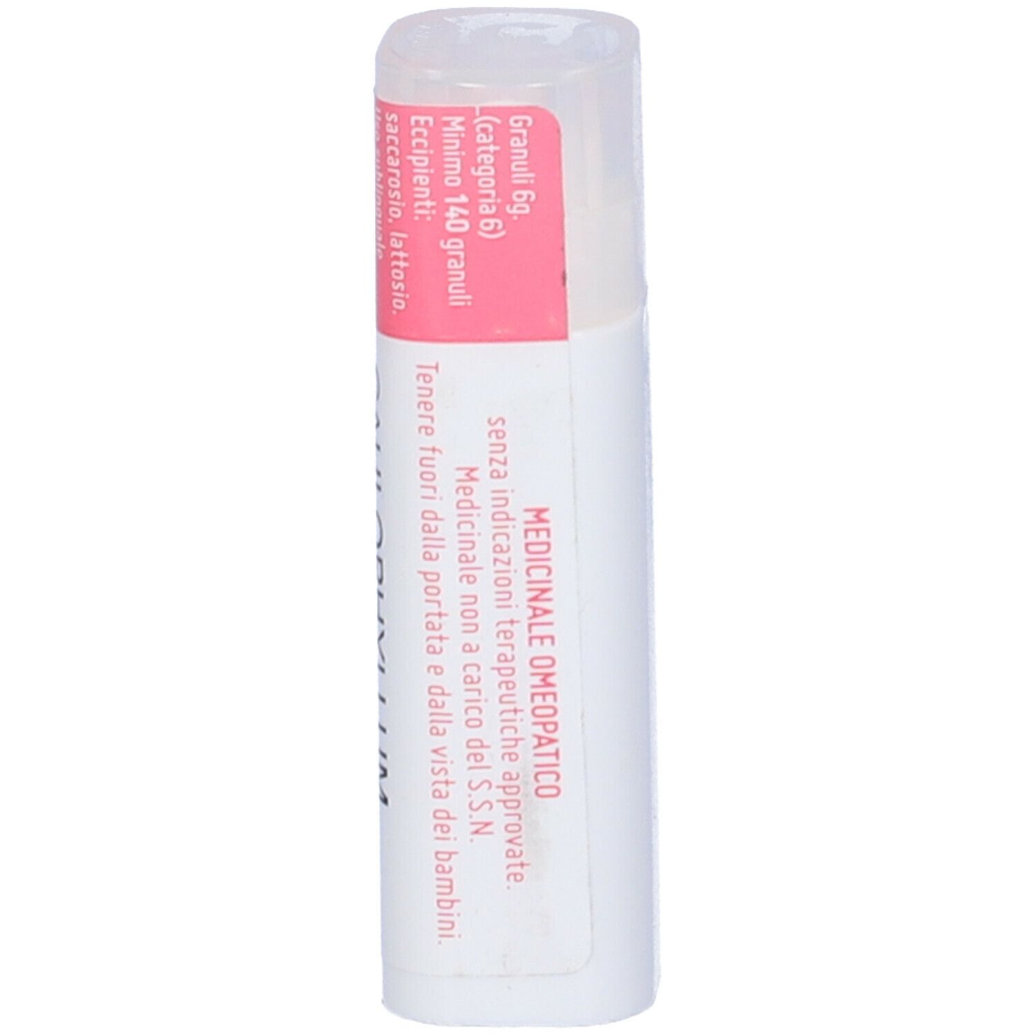 Flacone cilindrico con etichetta rosa. Scritta: Medicinali. Granuli 6g.