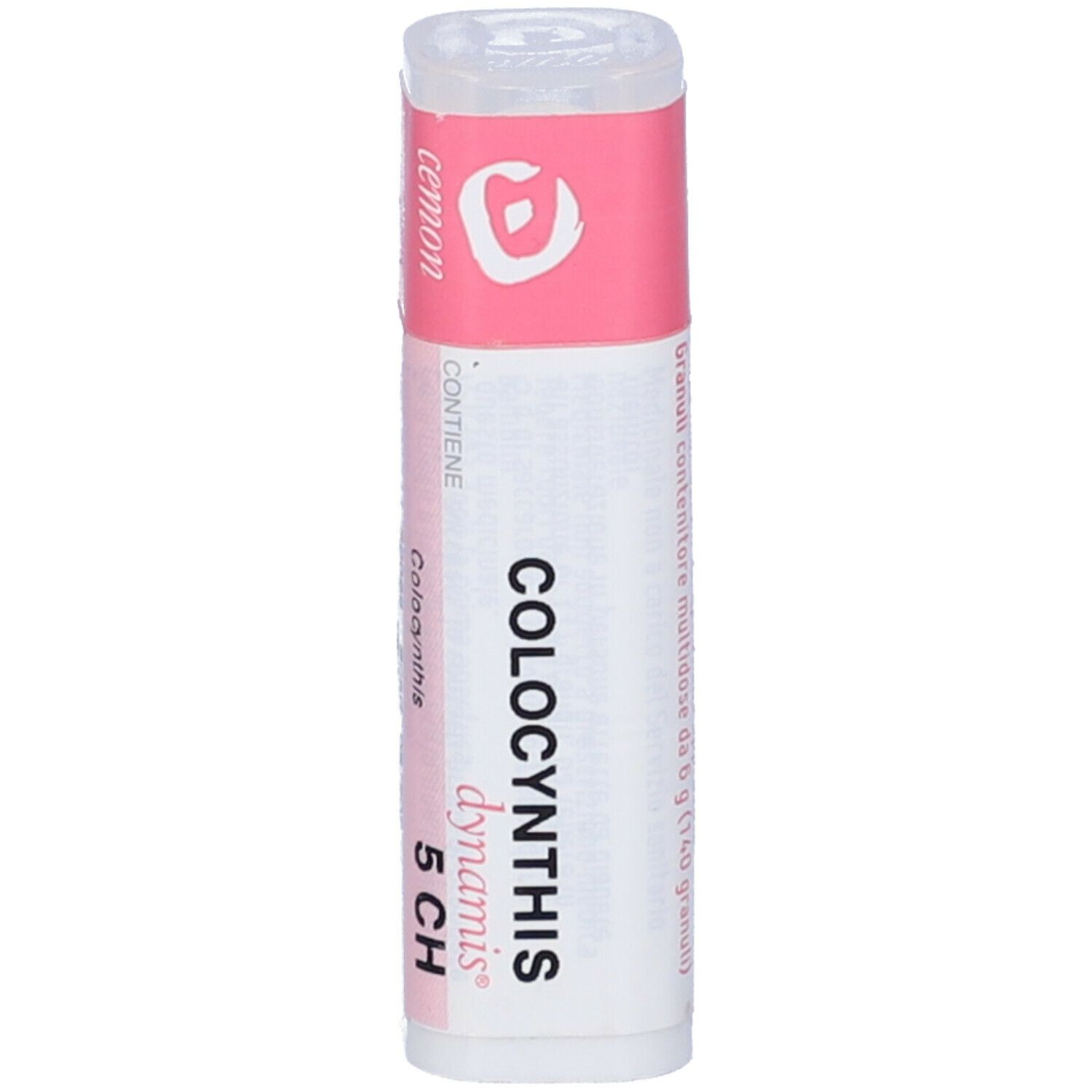 Confezione cilindrica con etichetta rosa. Scritta: Cemon Colocynthis 5 CH. Coperchio bianco.