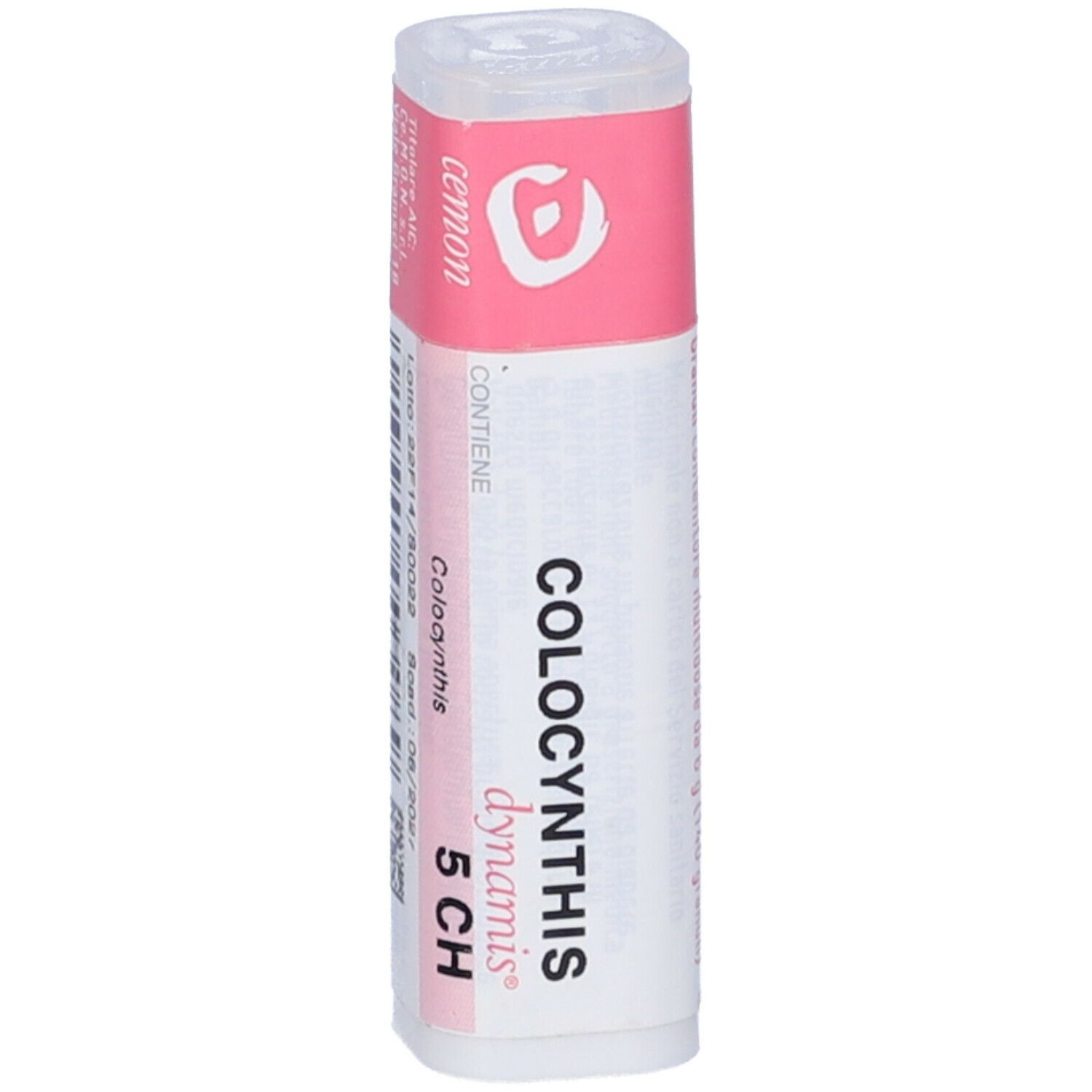Confezione cilindrica con etichetta rosa. Scritta: Cemon Colocynthis 5 CH. Coperchio bianco.