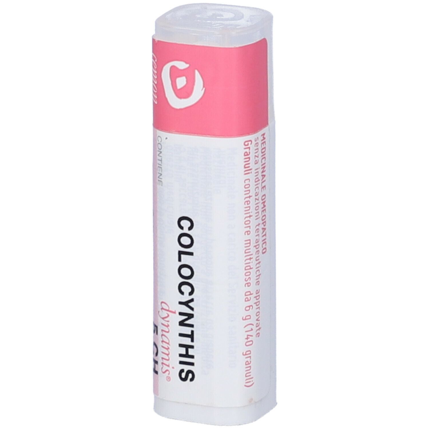 Confezione cilindrica con etichetta rosa. Scritta: Cemon Colocynthis 5 CH. Coperchio bianco.