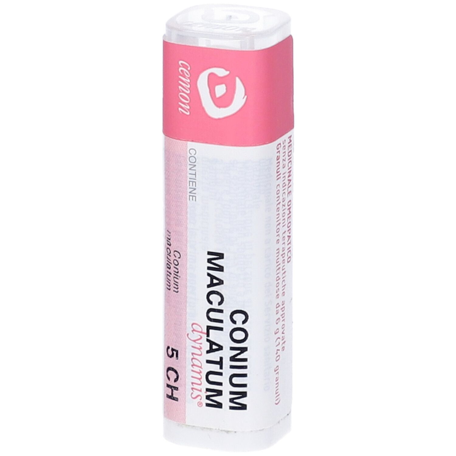 Confezione cilindrica. Scritta: Conium Maculatum 5 CH, cemon dynamis. Etichetta rosa e bianca.