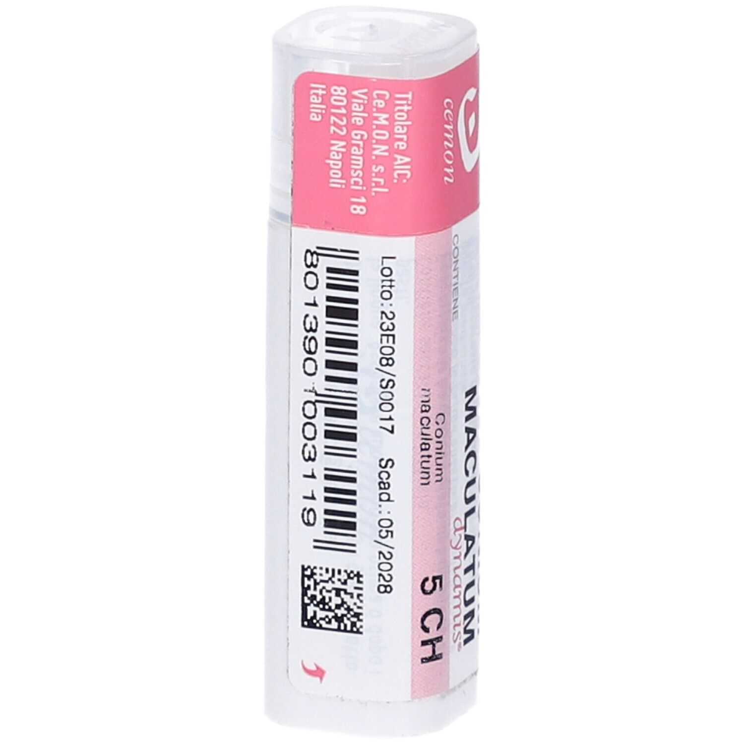Confezione cilindrica. Scritta: Conium Maculatum 5 CH, cemon dynamis. Codice a barre e scadenza.