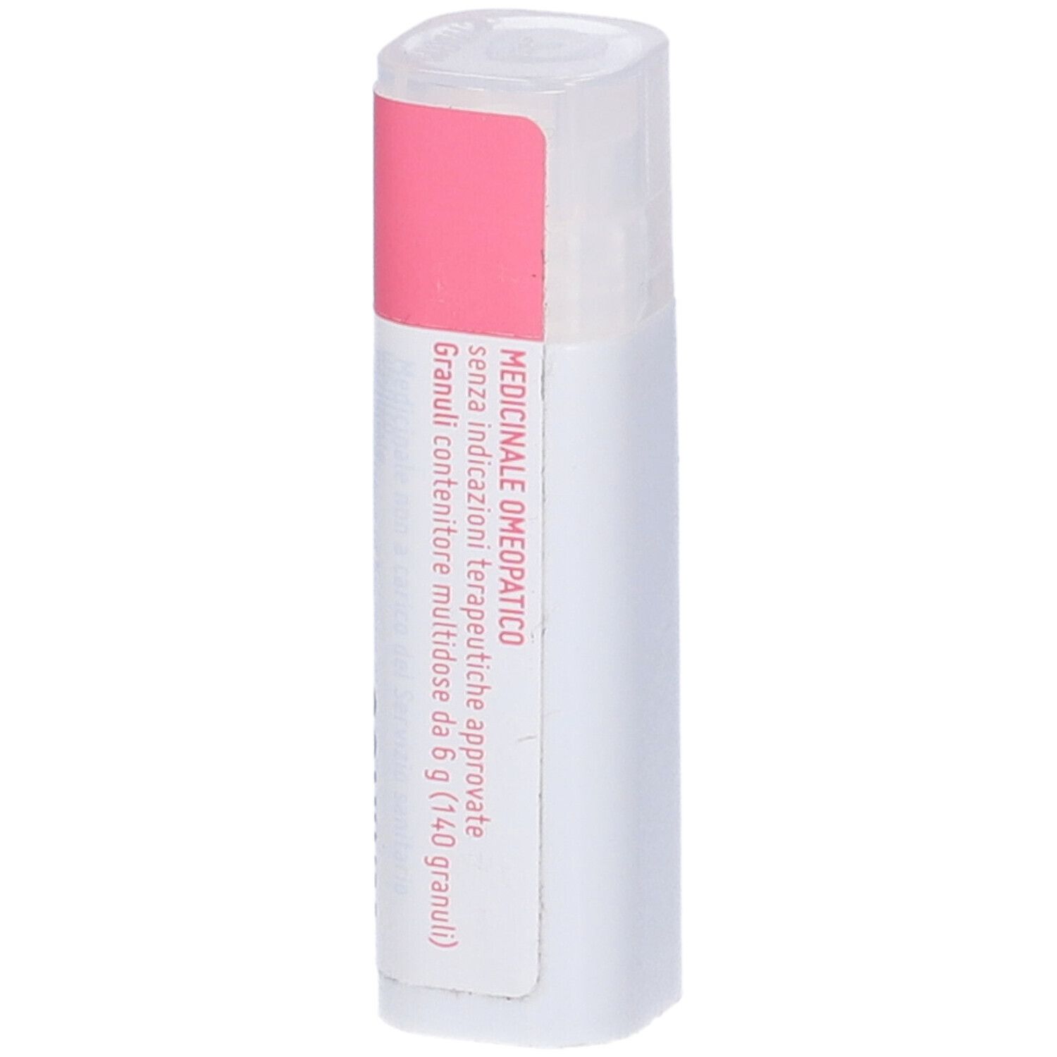 Confezione cilindrica. Etichetta rosa e bianca. Testo: MEDICINALE OMEOPATICO.