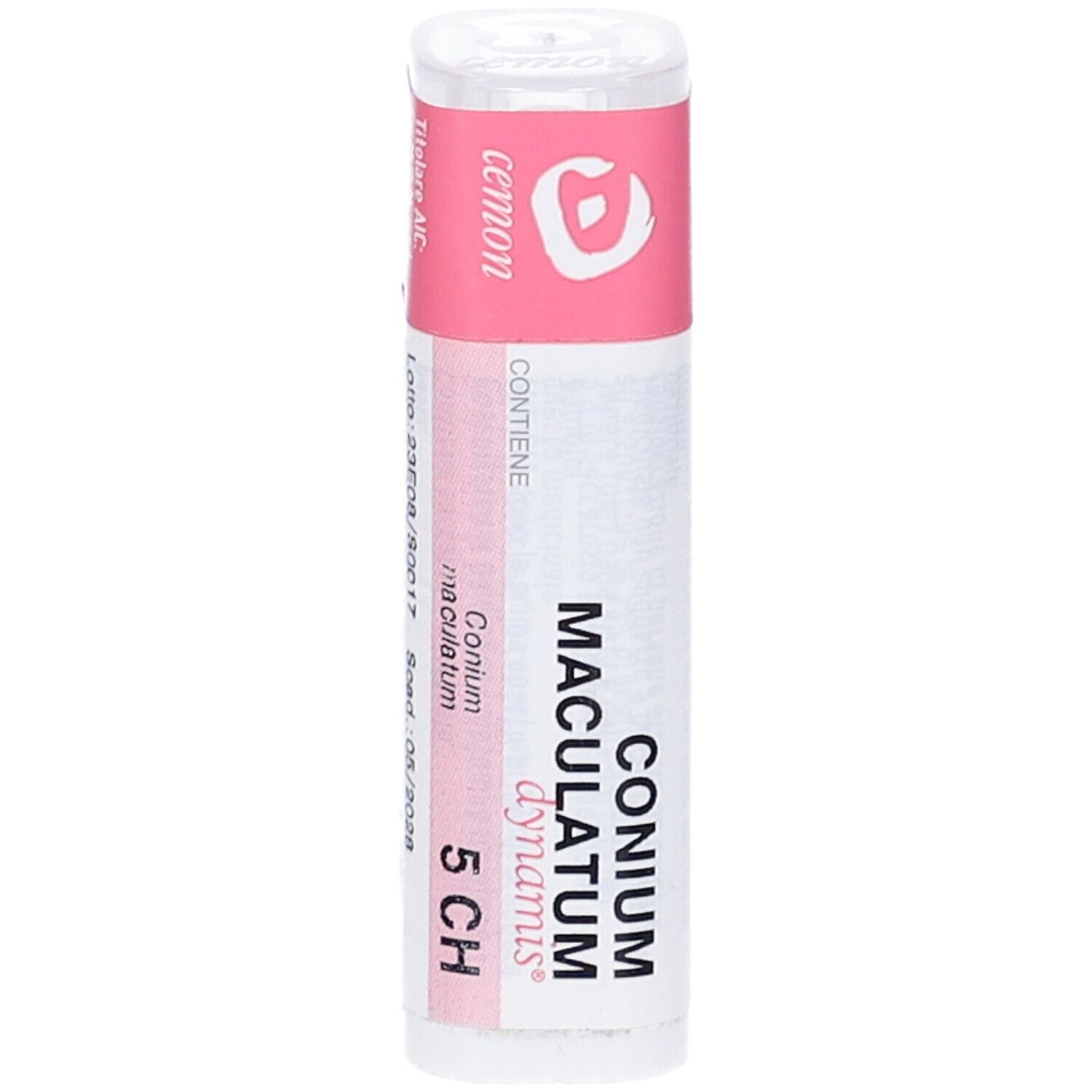 Confezione cilindrica. Scritta: Conium Maculatum 5 CH, cemon dynamis. Etichetta rosa e bianca.