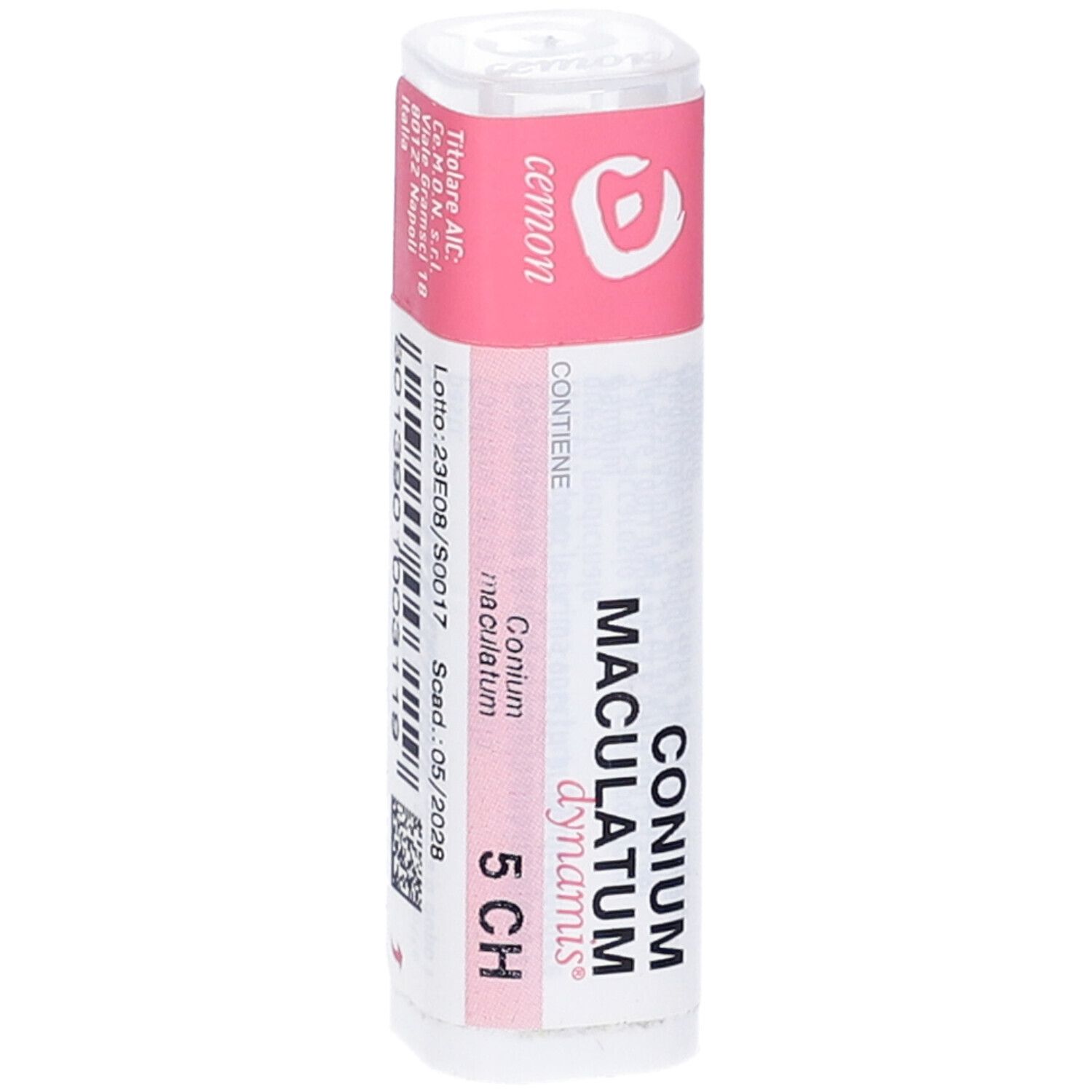 Confezione cilindrica. Scritta: Conium Maculatum 5 CH, cemon dynamis. Codice a barre e scadenza.