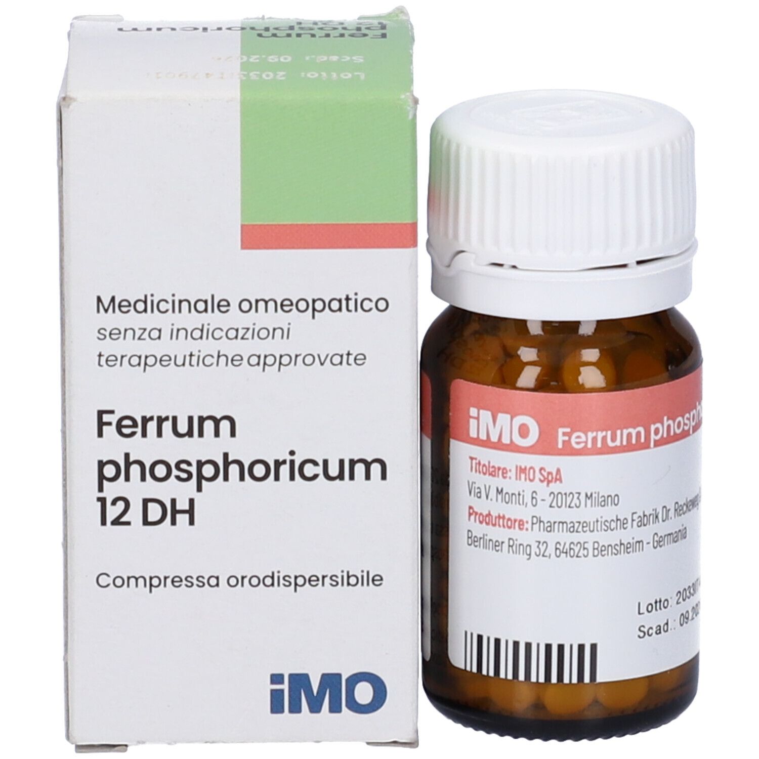 Flacone di vetro marrone con tappo bianco e scatola. Etichetta con informazioni. Marchio: iMO. Compresse.