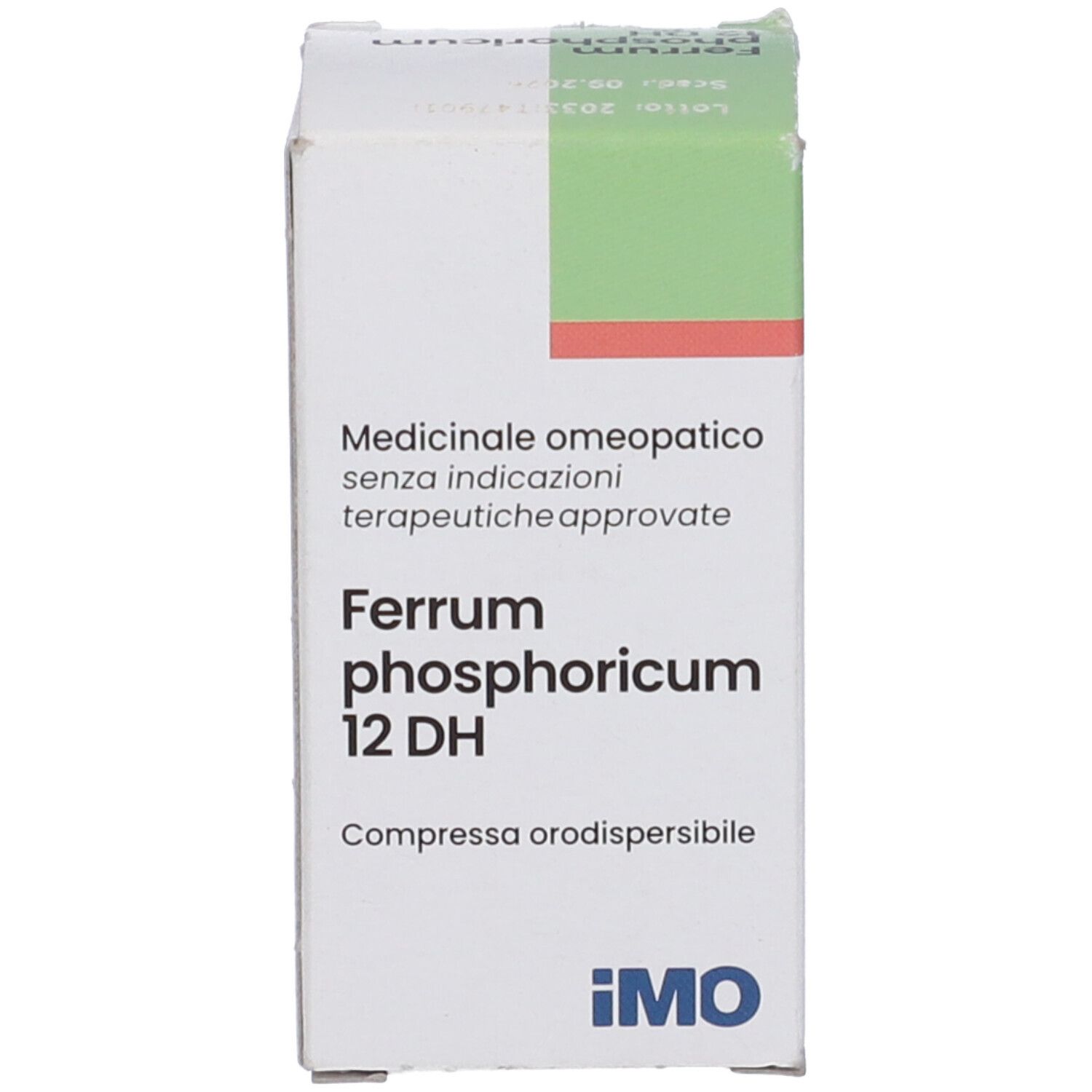 Scatola bianca con accenti verdi e rossi. Scritta: Ferrum phosphoricum 12 DH Compresse orodispersibile. Marchio: iMO.