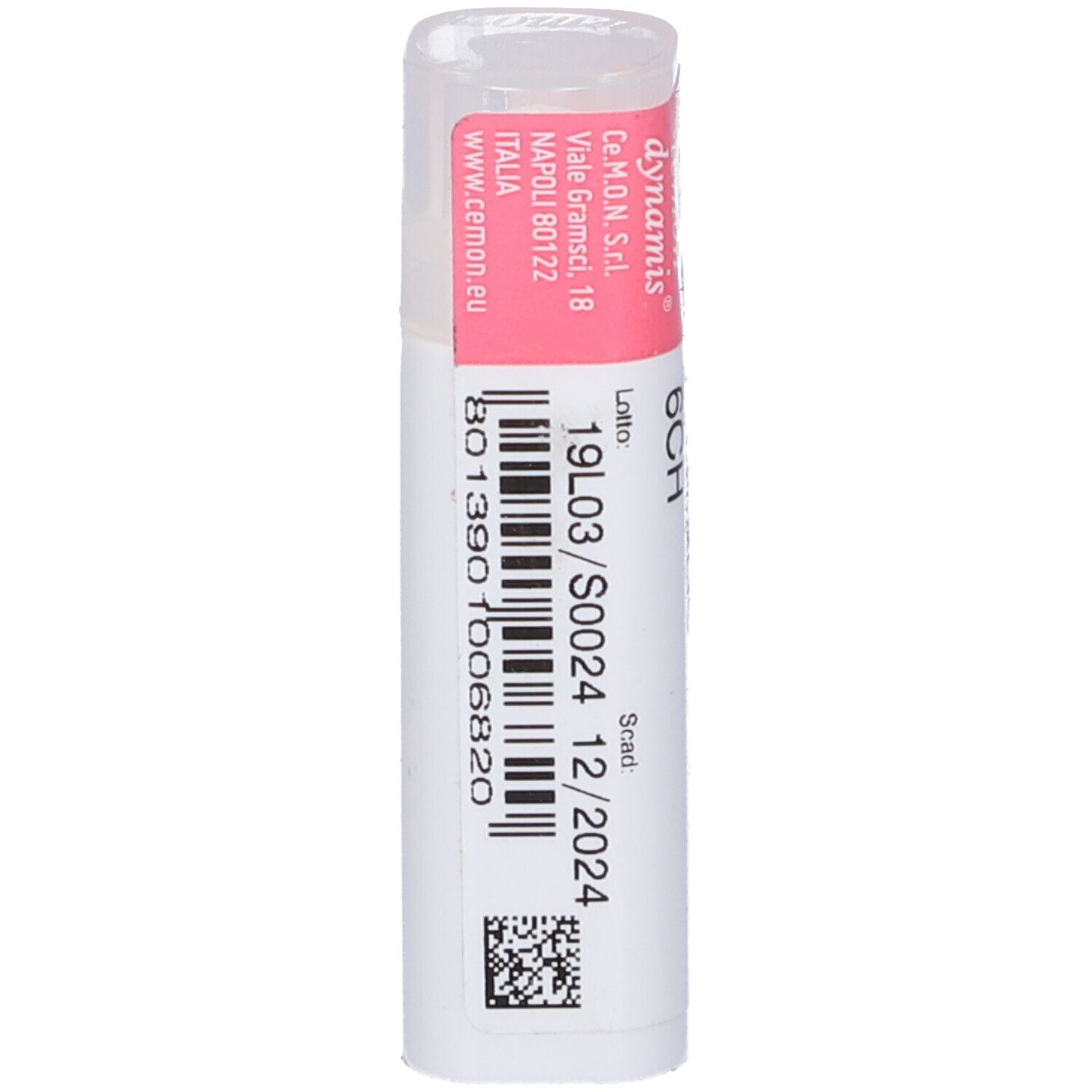 Confezione cilindrica con etichetta rosa. Scritta: Carbo Animalis 6CH.