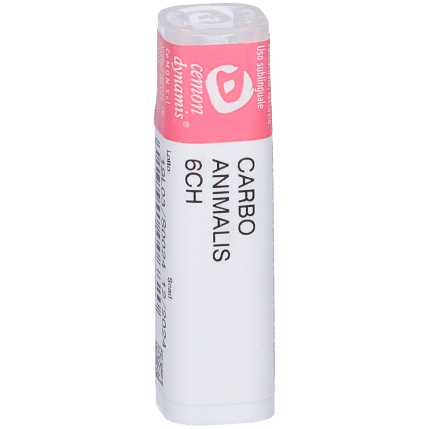 Confezione cilindrica con etichetta rosa. Scritta: Carbo Animalis 6CH.