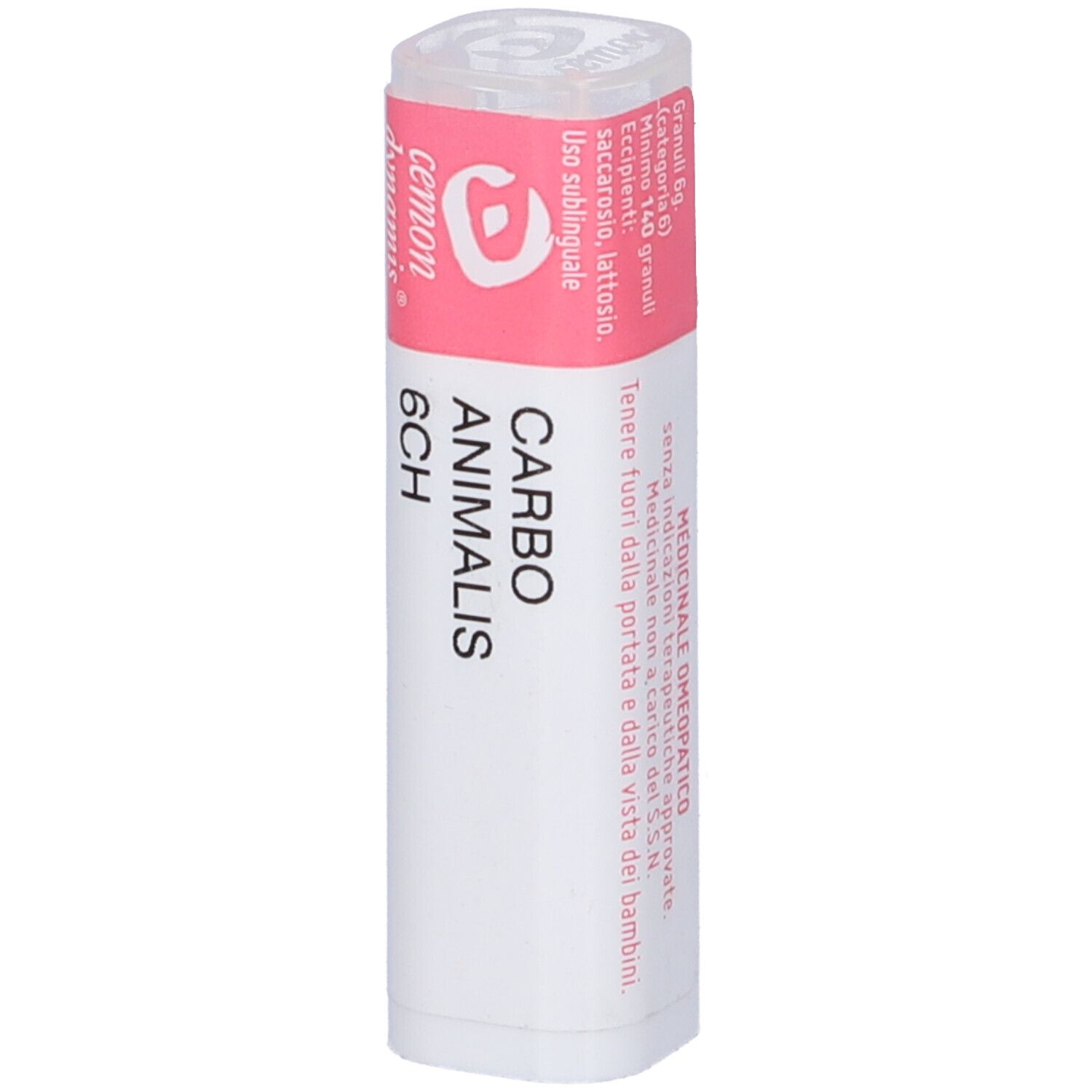 Confezione cilindrica con etichetta rosa. Scritta: Carbo Animalis 6CH.