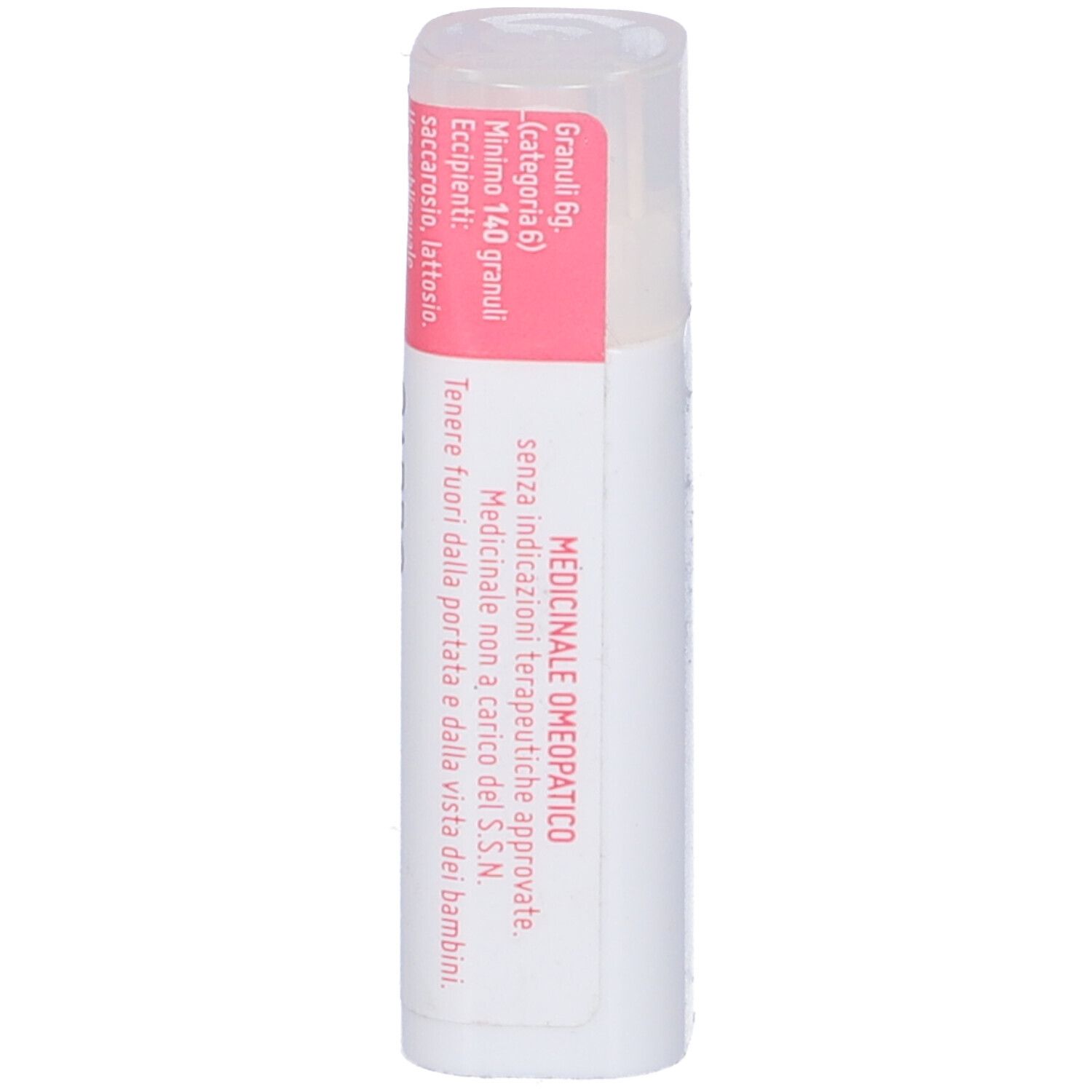 Confezione cilindrica con etichetta rosa. Scritta: Omeopatico.