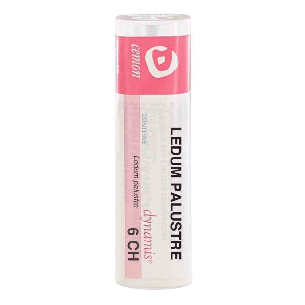Confezione cilindrica con etichetta rosa e bianca. Scritta: Ledum Palustre 6 CH, Cemon.