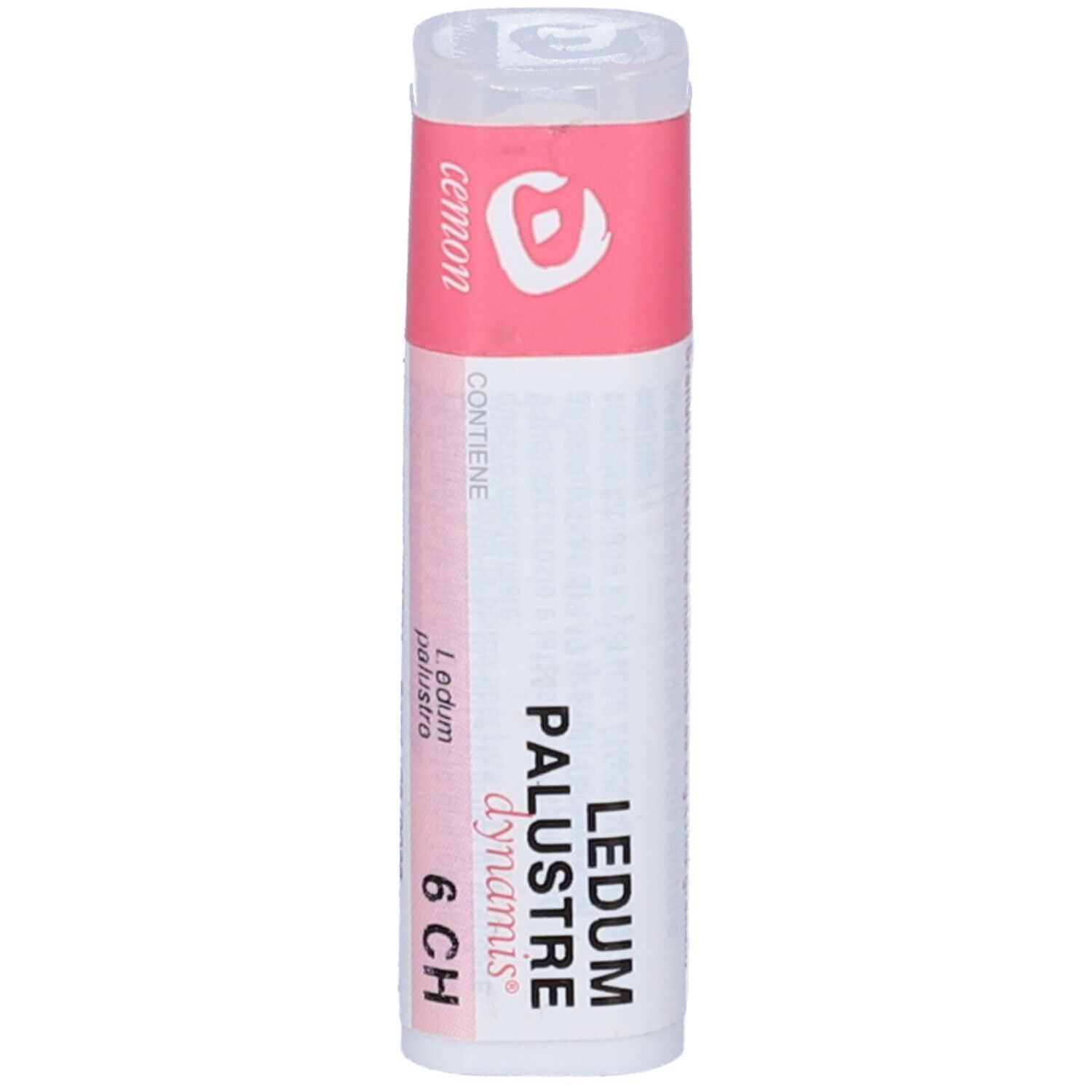 Confezione cilindrica con etichetta rosa e bianca. Scritta: Ledum Palustre 6 CH, Cemon.
