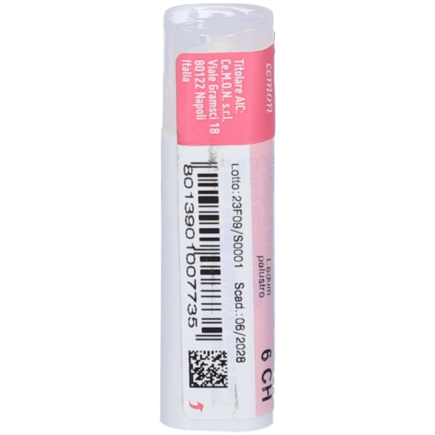 Confezione cilindrica con etichetta rosa e bianca. Scritta: Ledum Palustre 6 CH, Cemon.