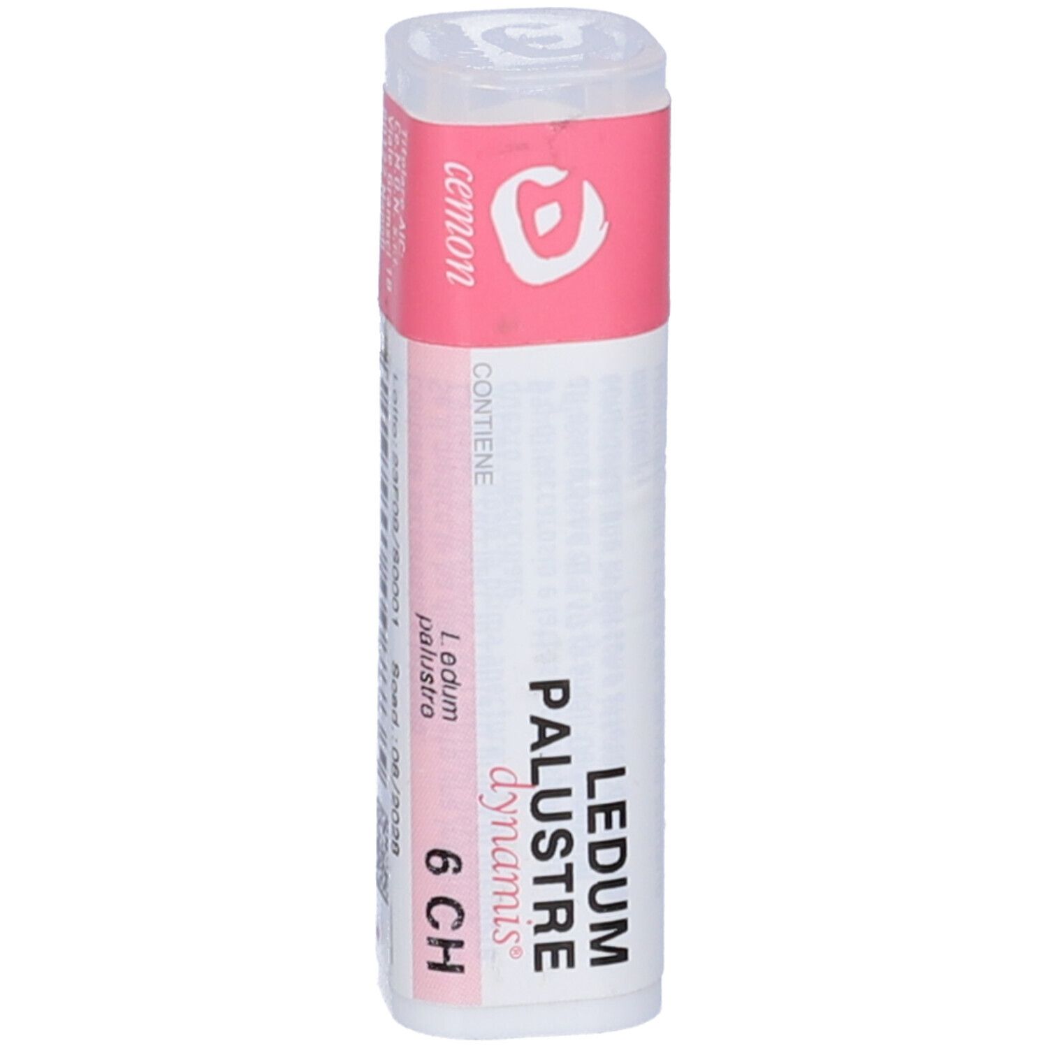 Confezione cilindrica con etichetta rosa e bianca. Scritta: Ledum Palustre 6 CH, Cemon.