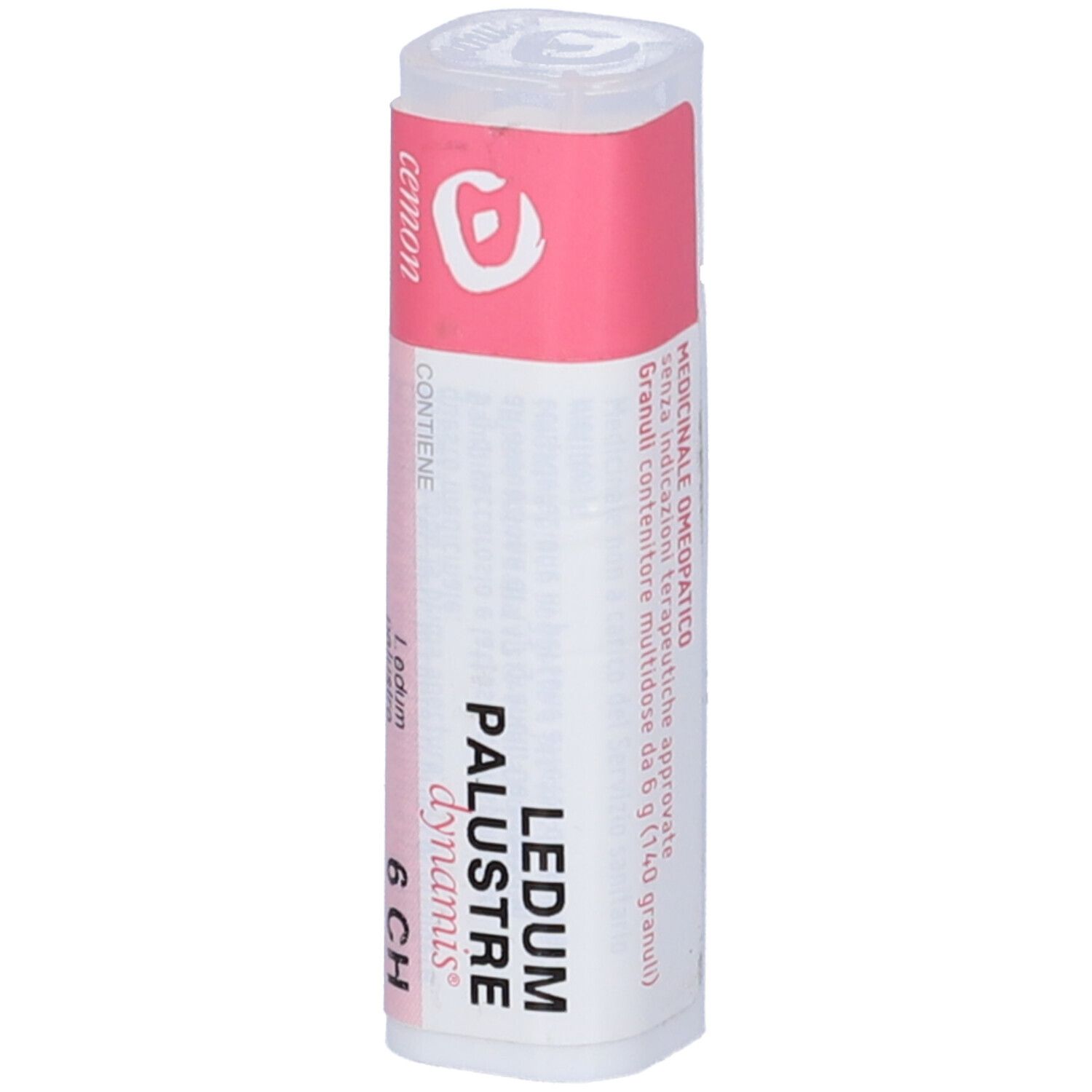 Confezione cilindrica con etichetta rosa e bianca. Scritta: Ledum Palustre 6 CH, Cemon.