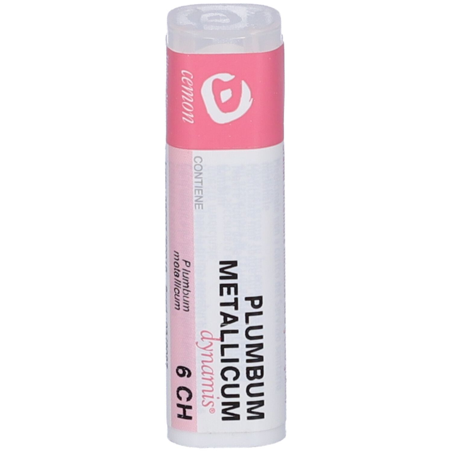 Flacone bianco con etichetta rosa. L'etichetta indica "PLUMBUM METALLICUM 6 CH".