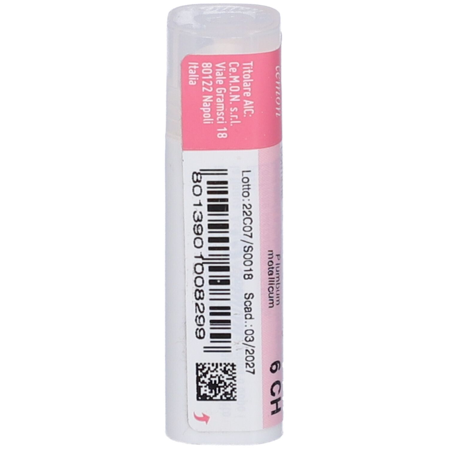 Flacone bianco con etichetta rosa. L'etichetta indica "PLUMBUM METALLICUM 6 CH".