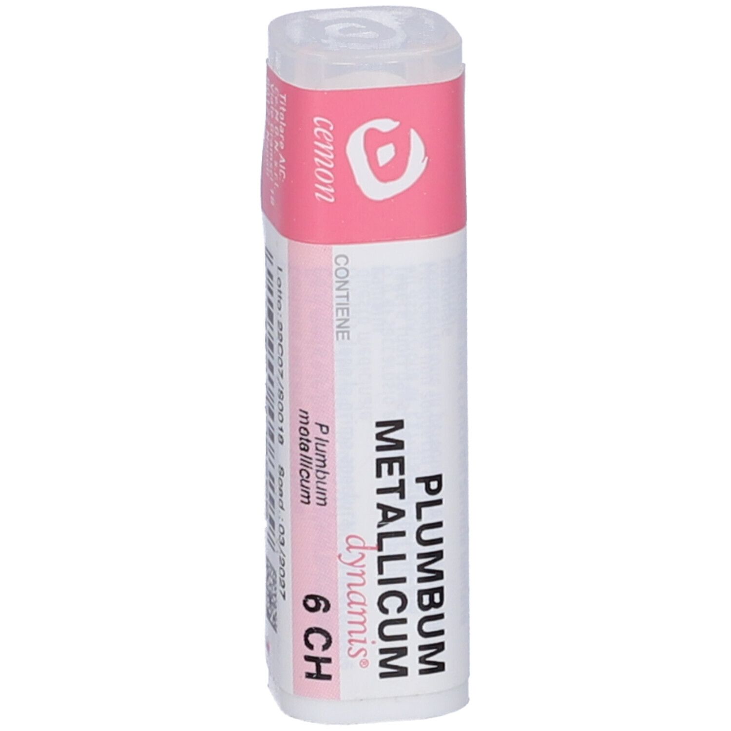 Flacone bianco con etichetta rosa. L'etichetta indica "PLUMBUM METALLICUM 6 CH".