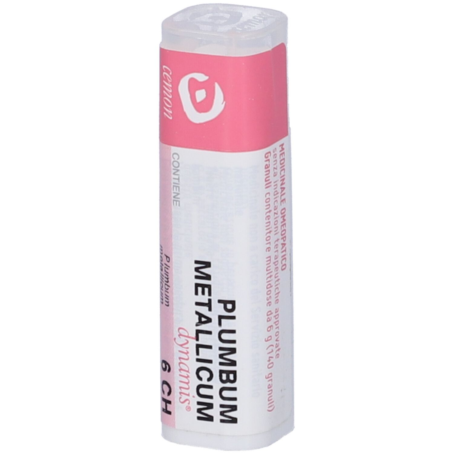 Flacone bianco con etichetta rosa. L'etichetta indica "PLUMBUM METALLICUM 6 CH".