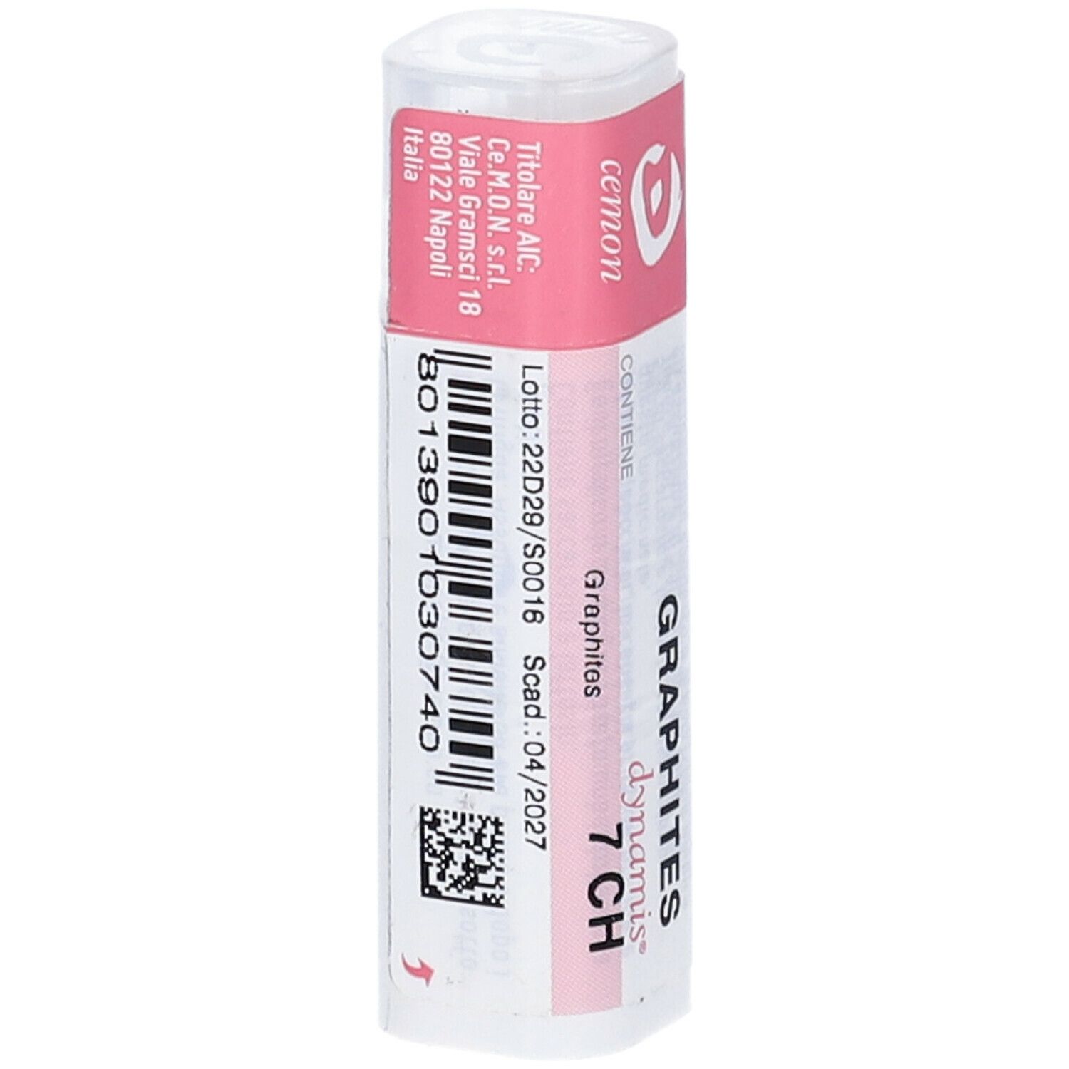 Confezione cilindrica con etichetta rosa. Scritte: GRAPHITES 7 CH, cemon, dynamis.