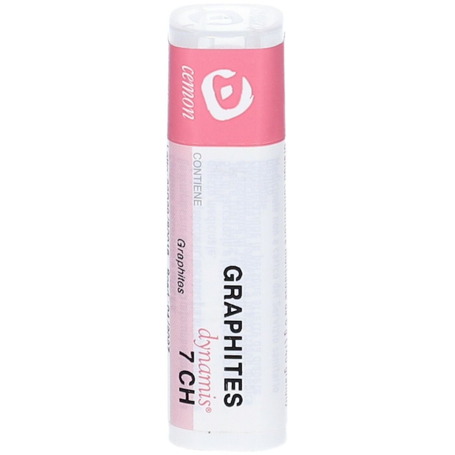 Confezione cilindrica con etichetta rosa. Scritte: GRAPHITES 7 CH, cemon, dynamis.