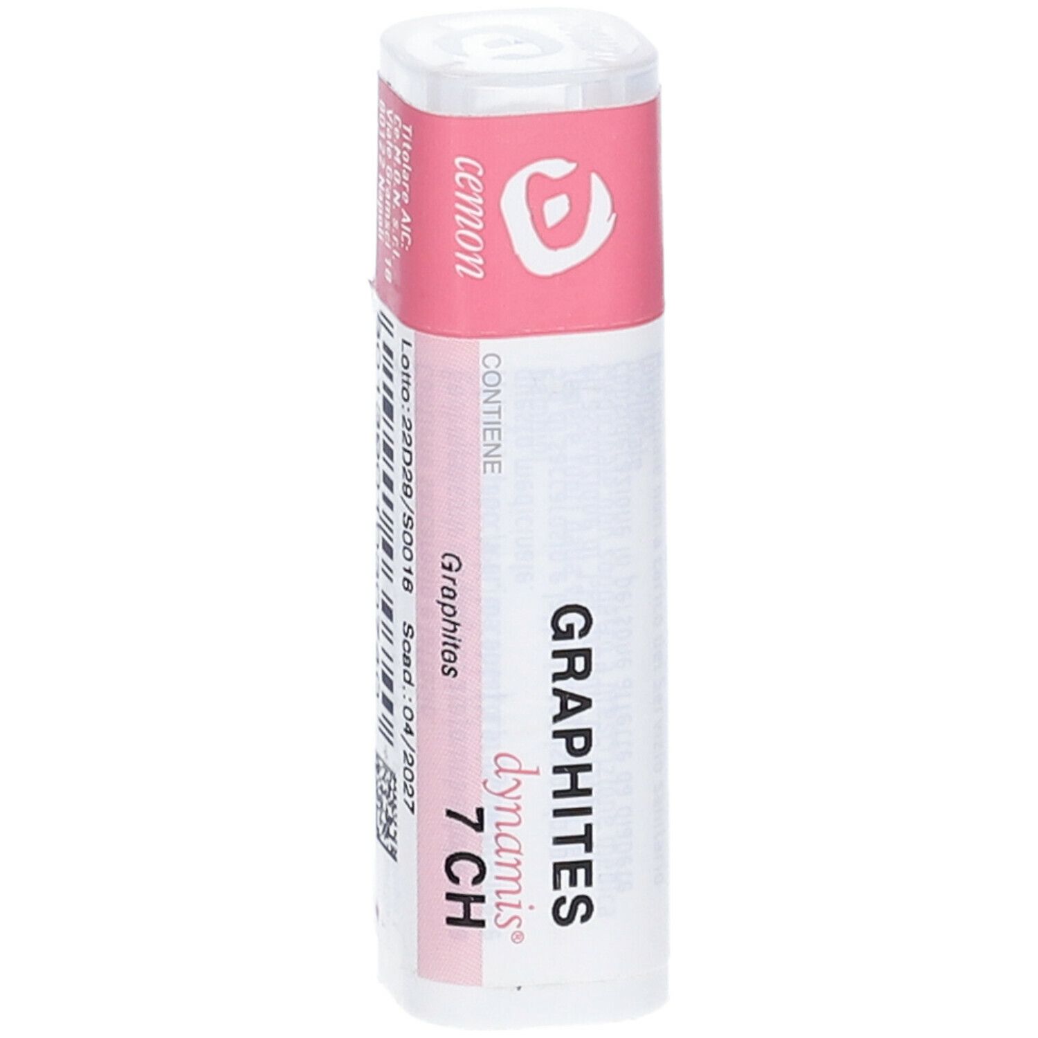 Confezione cilindrica con etichetta rosa. Scritte: GRAPHITES 7 CH, cemon, dynamis.