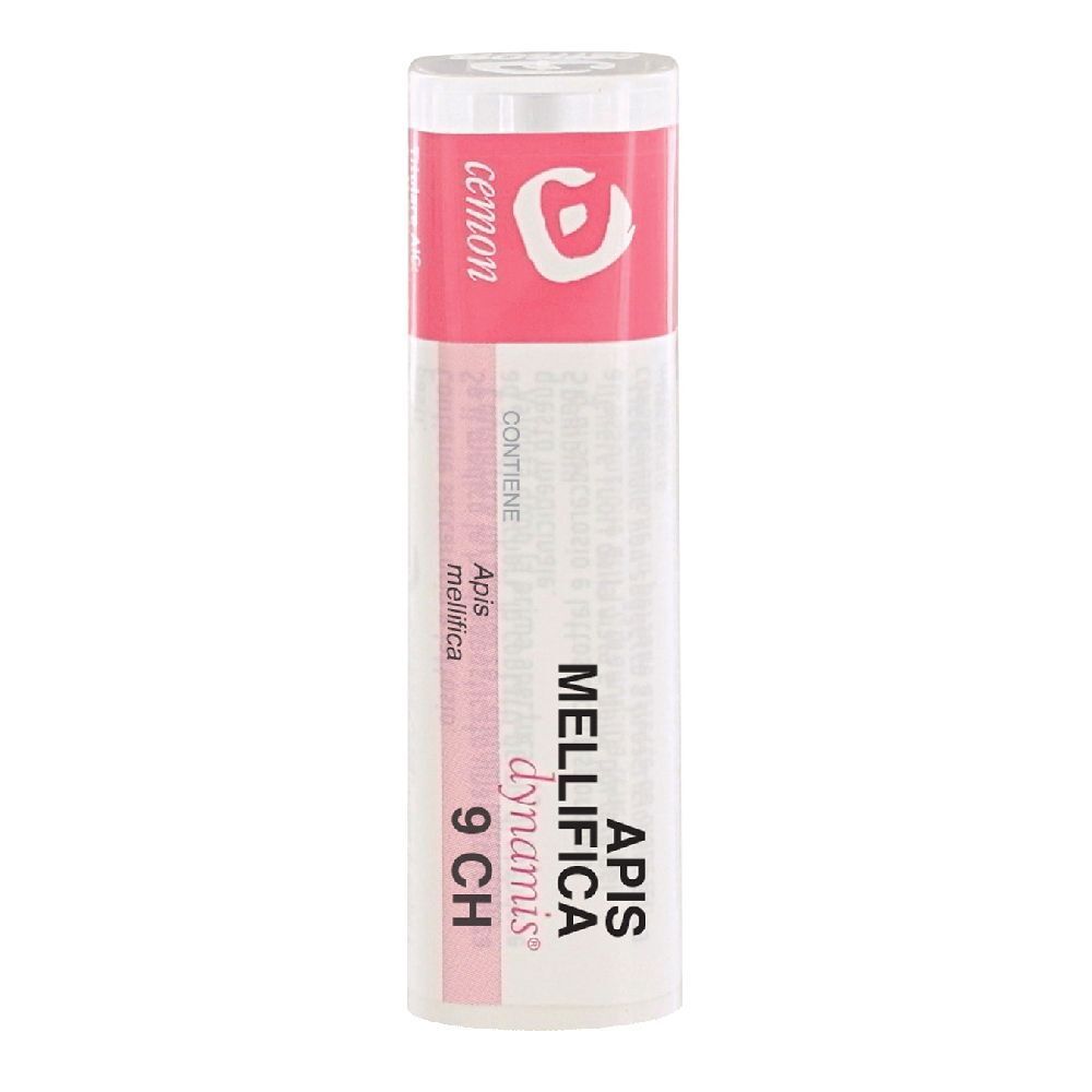Confezione cilindrica con etichetta rosa e bianca. Scritta: Apis mellifica 9 CH, Cemon.