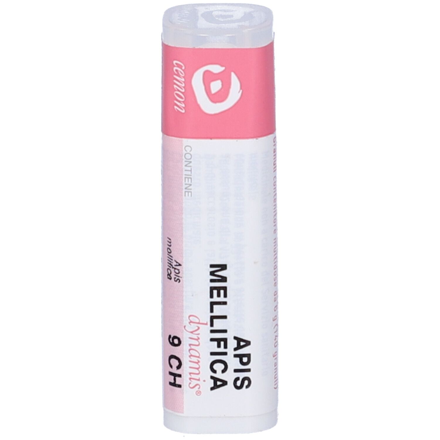 Confezione cilindrica con etichetta rosa e bianca. Scritta: Apis mellifica 9 CH, Cemon.
