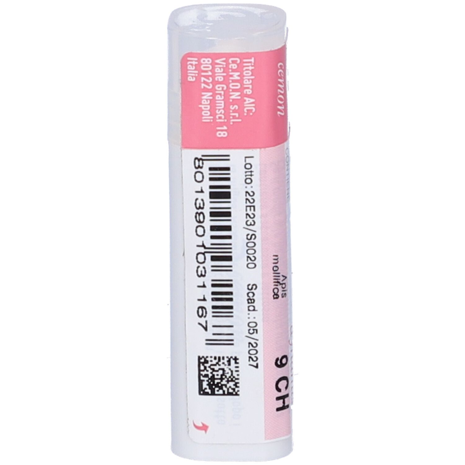 Confezione cilindrica con etichetta rosa e bianca. Scritta: Apis mellifica 9 CH, Cemon. Codice a barre e informazioni.