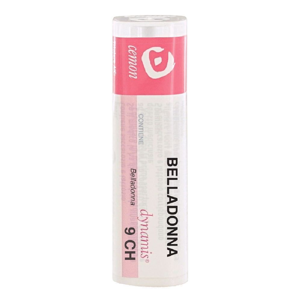 Confezione cilindrica con etichetta rosa e bianca. Scritta: Belladonna 9 CH, cemon.