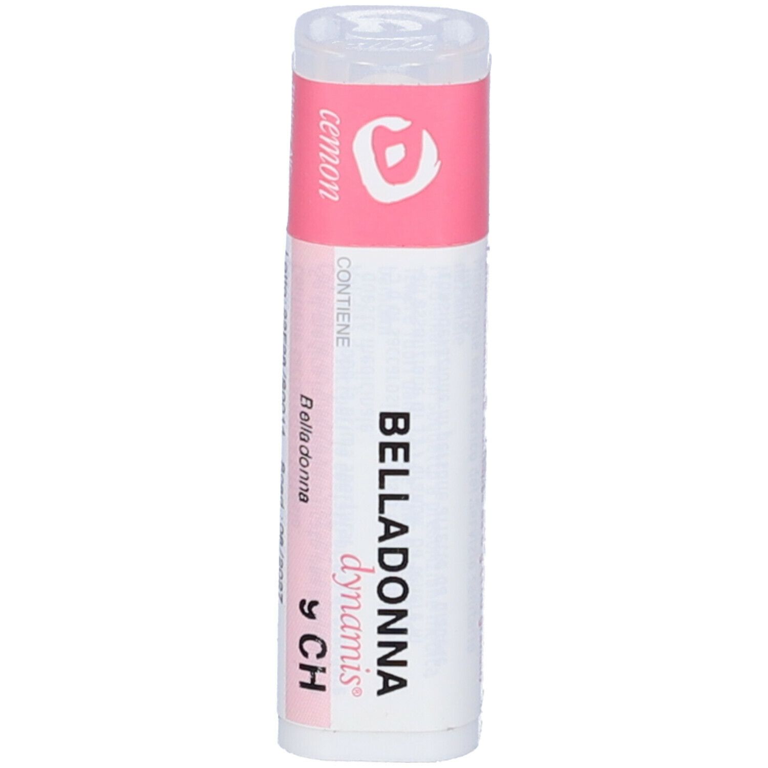 Confezione cilindrica con etichetta rosa e bianca. Scritta: Belladonna 9 CH, cemon.