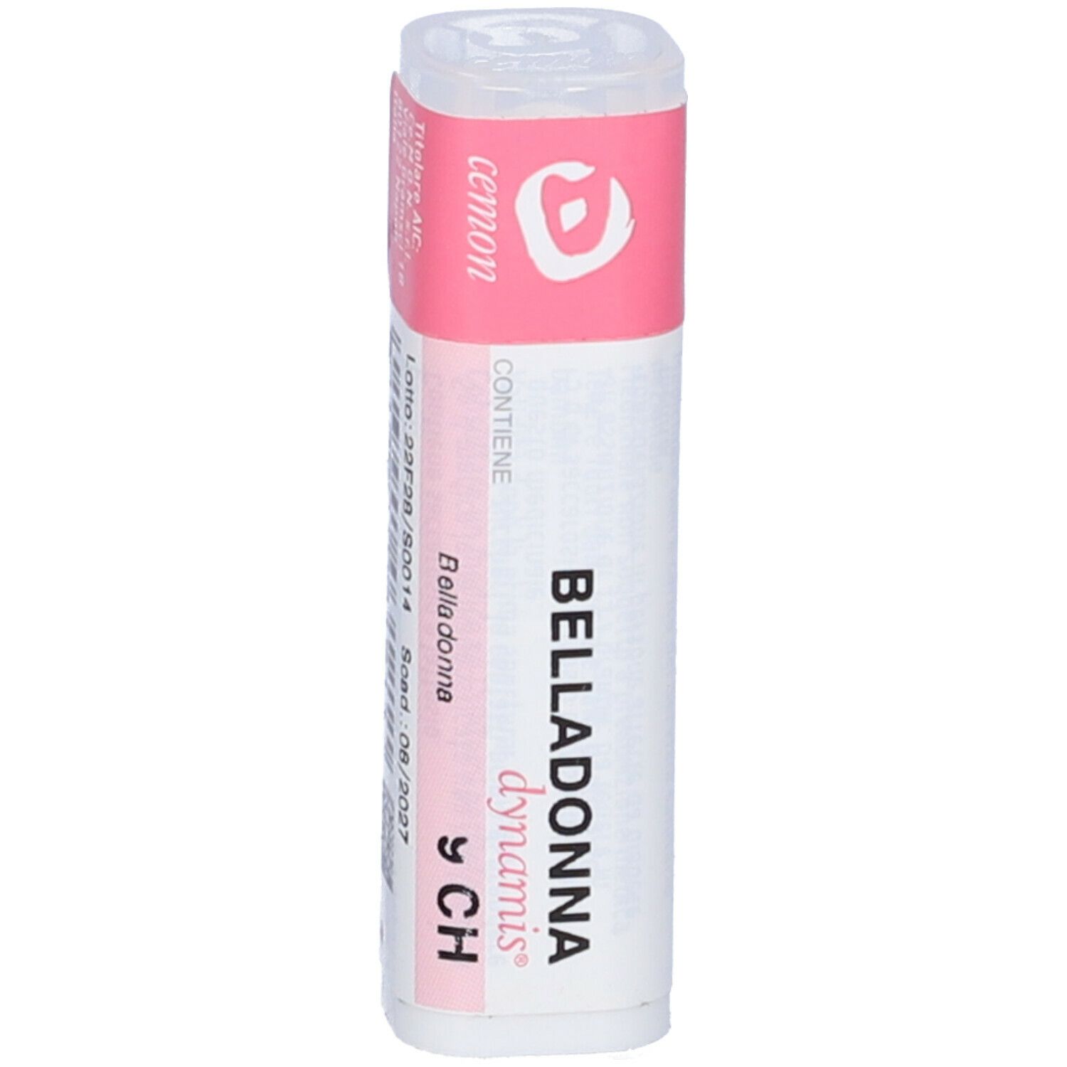 Confezione cilindrica con etichetta rosa e bianca. Scritta: Belladonna 9 CH, cemon.