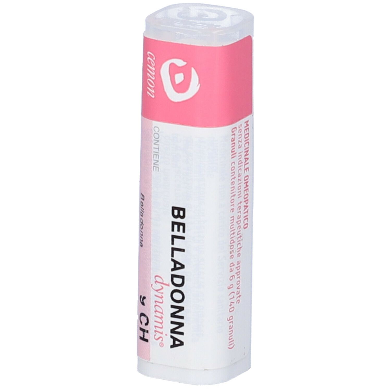 Confezione cilindrica con etichetta rosa e bianca. Scritta: Belladonna 9 CH, cemon.