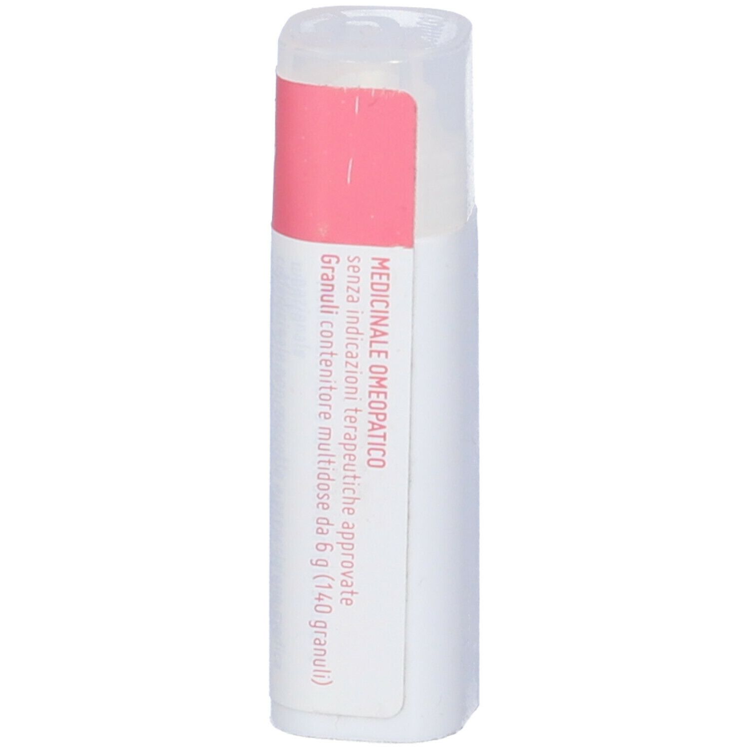 Confezione cilindrica con etichetta rosa. Scritta: MEDICINALE OMEOPATICO. Coperchio bianco. Testo in italiano.