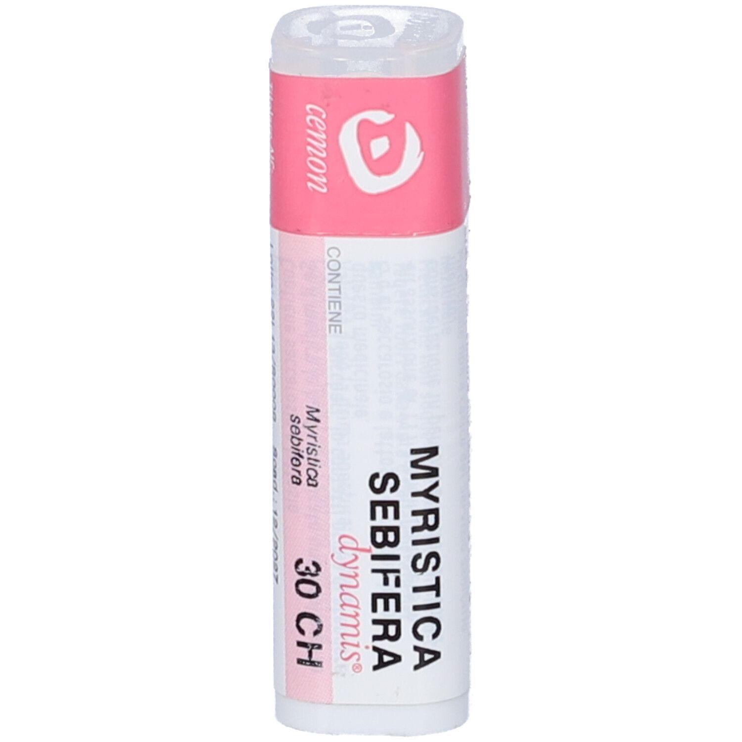 Confezione cilindrica con etichetta rosa e bianca. Scritta: Myristica Sebifera 30 CH. Produttore: Cemon.