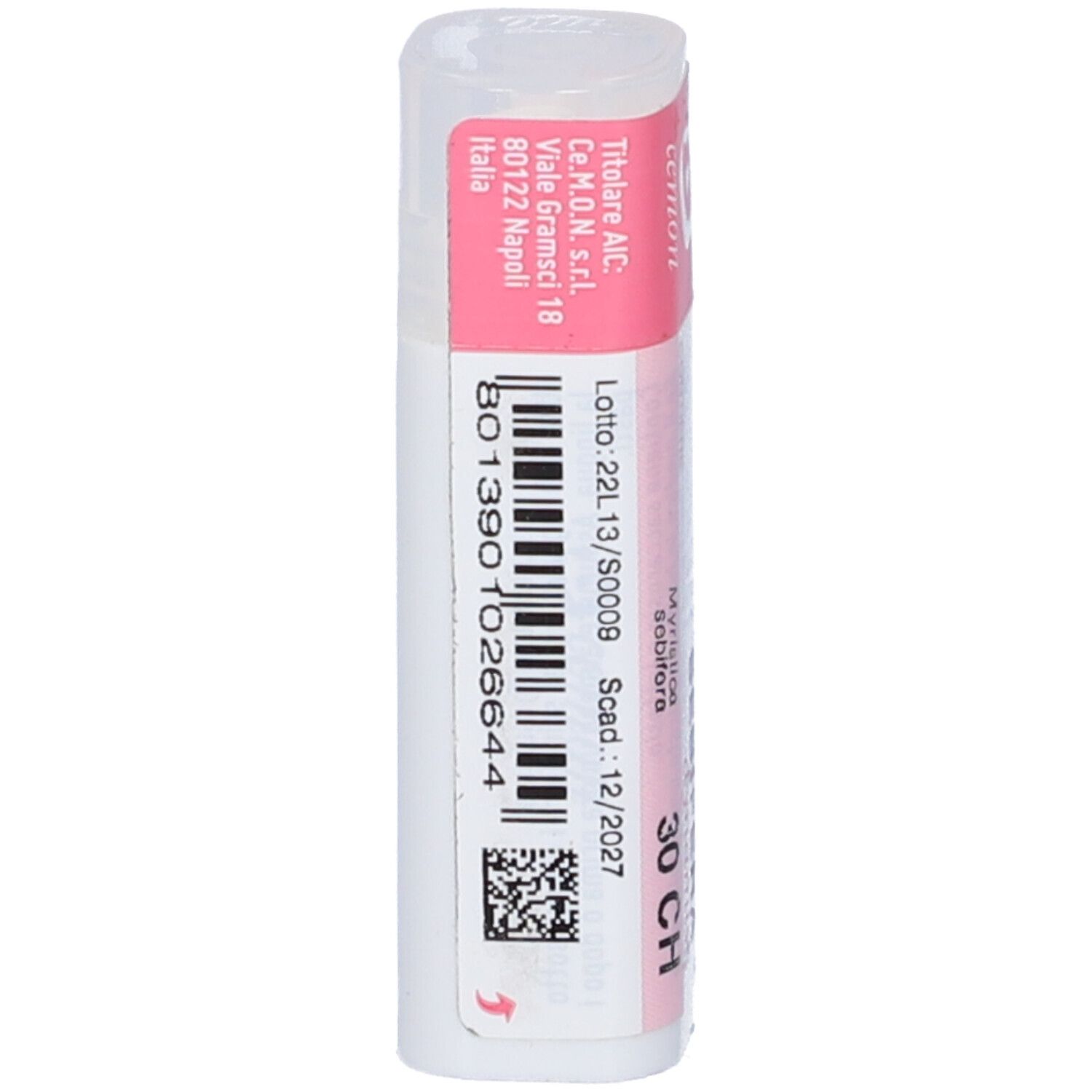 Confezione cilindrica con etichetta rosa e bianca. Codice a barre e numero di lotto. Scadenza 12/2027. Produttore: Cemon.