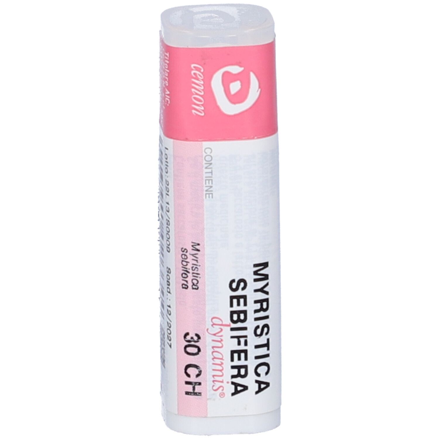Confezione cilindrica con etichetta rosa e bianca. Scritta: Myristica Sebifera 30 CH. Produttore: Cemon.