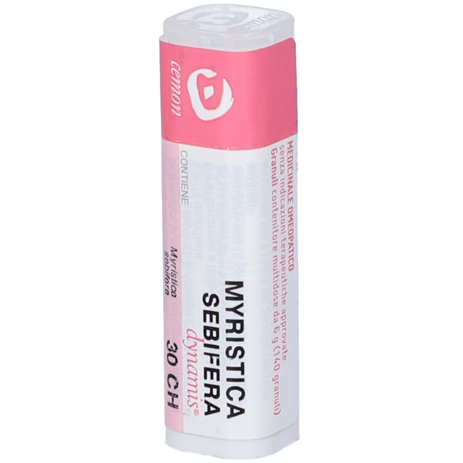 Confezione cilindrica con etichetta rosa e bianca. Scritta: Myristica Sebifera 30 CH. Produttore: Cemon.