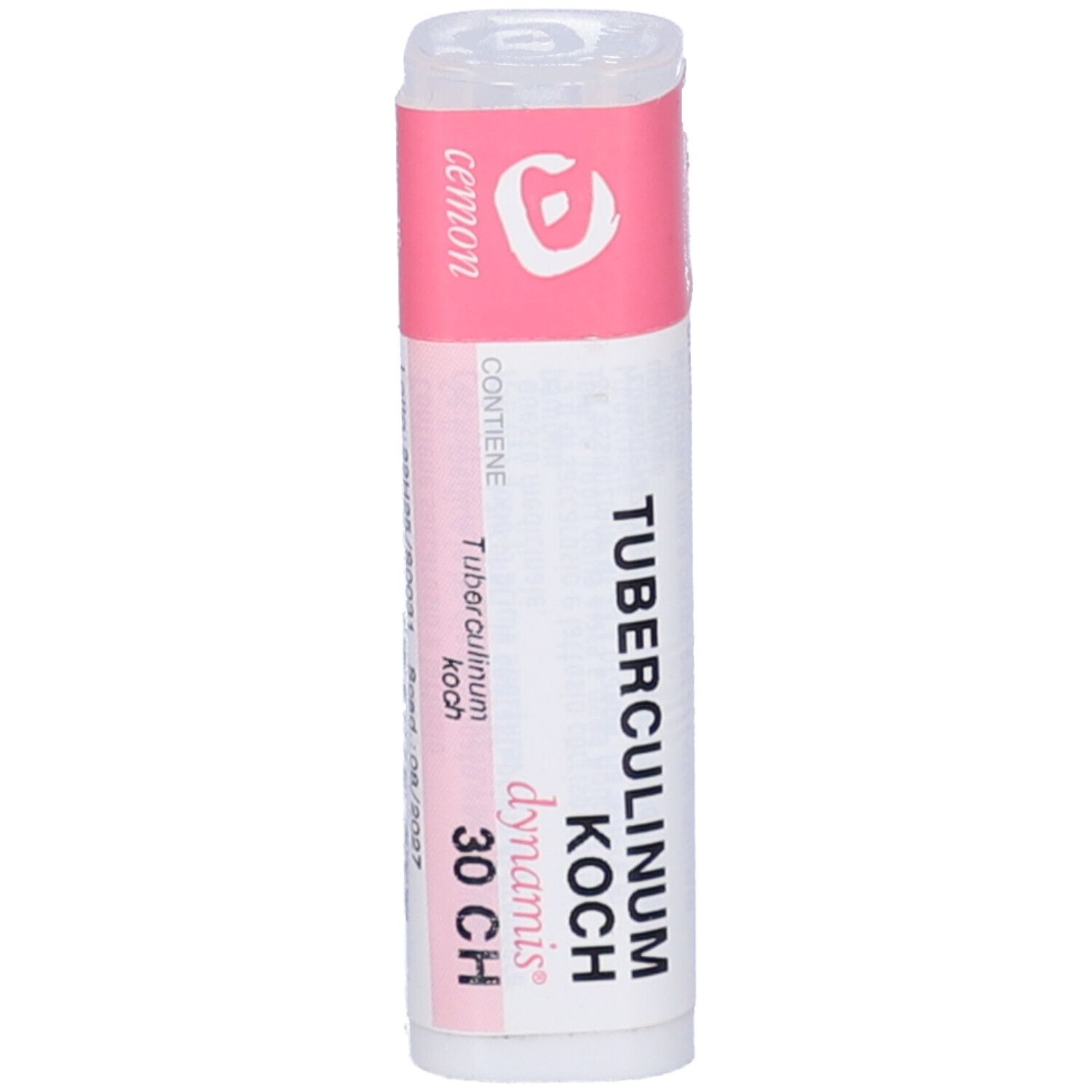 Confezione cilindrica. Fascia rosa con testo: TUBERCULINUM KOCH 30 CH. Produttore: dynamis. Nome del prodotto visibile.