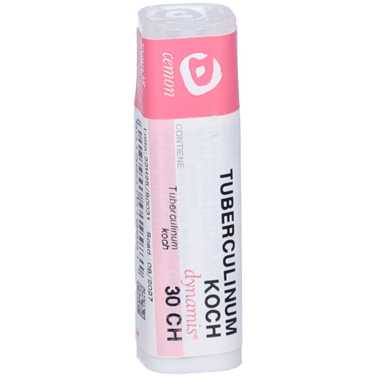 Confezione cilindrica. Fascia rosa con testo: TUBERCULINUM KOCH 30 CH. Produttore: dynamis. Dettagli e scadenza.