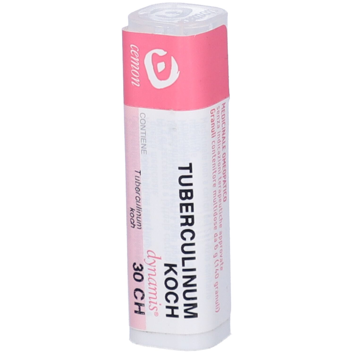 Confezione cilindrica. Fascia rosa con testo: TUBERCULINUM KOCH 30 CH. Produttore: dynamis. Dettagli e indicazioni.