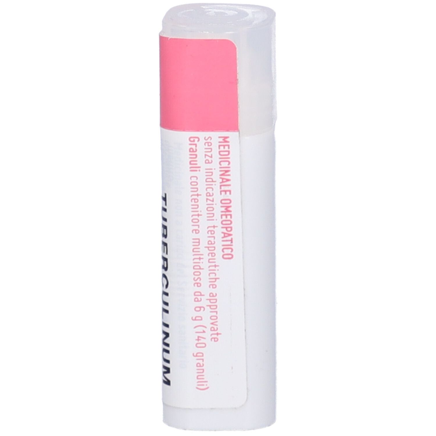Confezione cilindrica. Fascia rosa con testo. Prodotto medico. Confezione di granuli. Informazioni produttore.