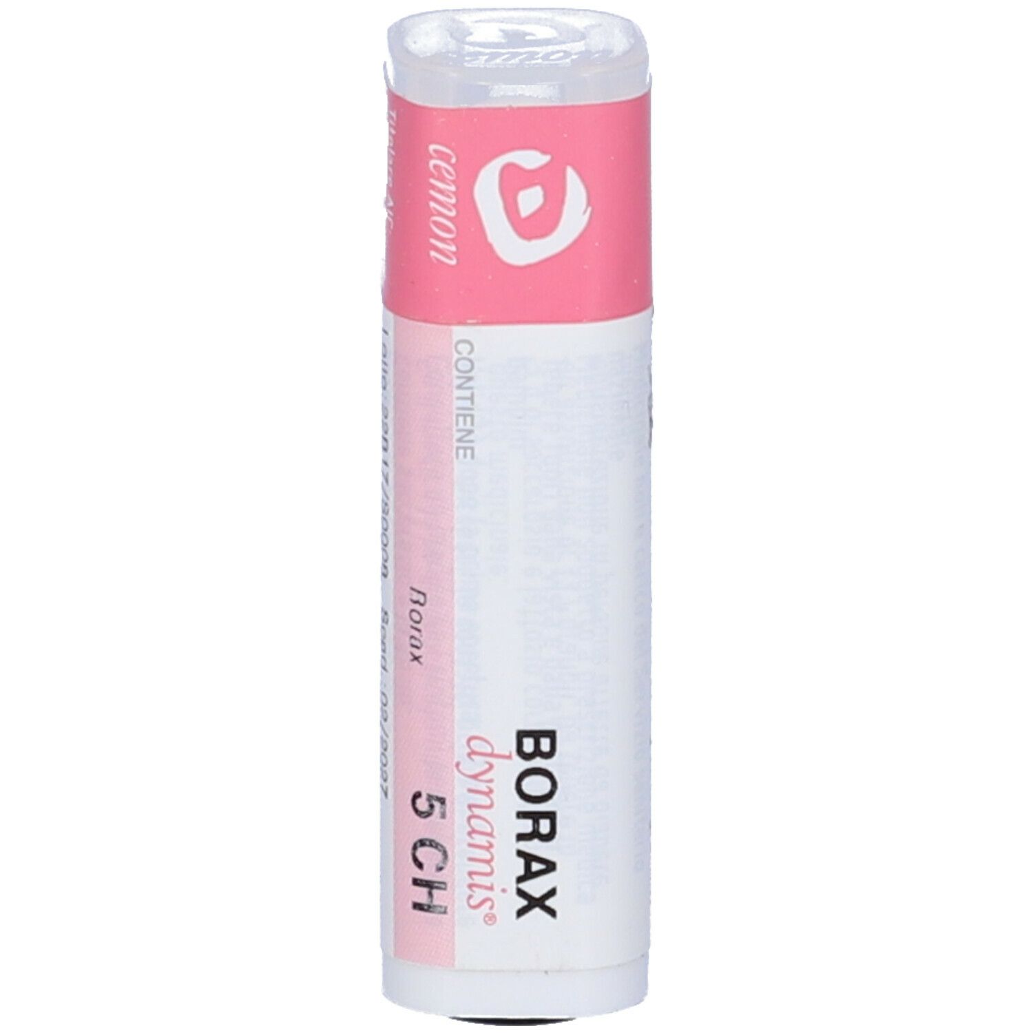 Confezione cilindrica con etichetta rosa. Scritta: Borax dynamis 5 CH.