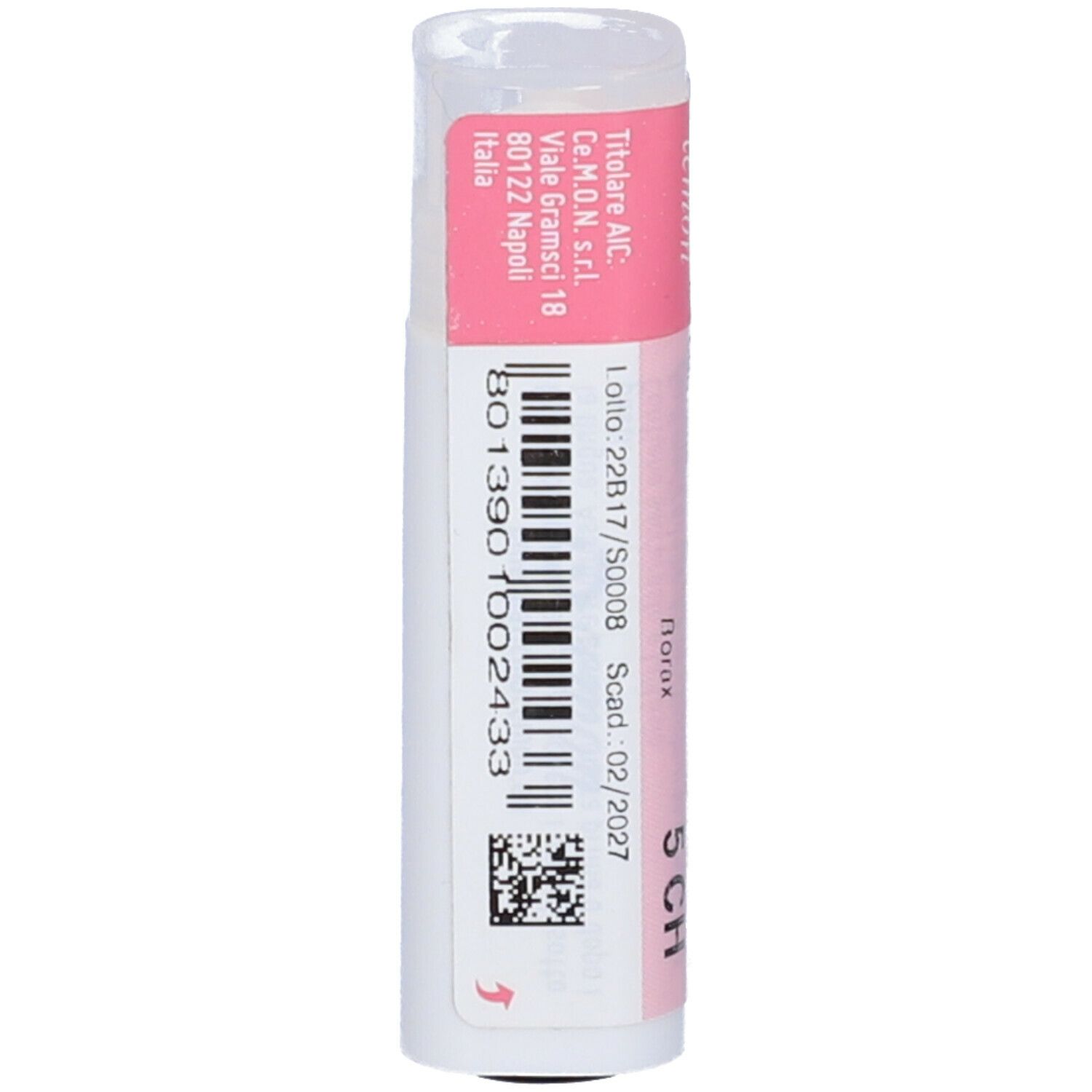 Confezione cilindrica con etichetta rosa. Scritta: Borax dynamis 5 CH. Codice a barre.