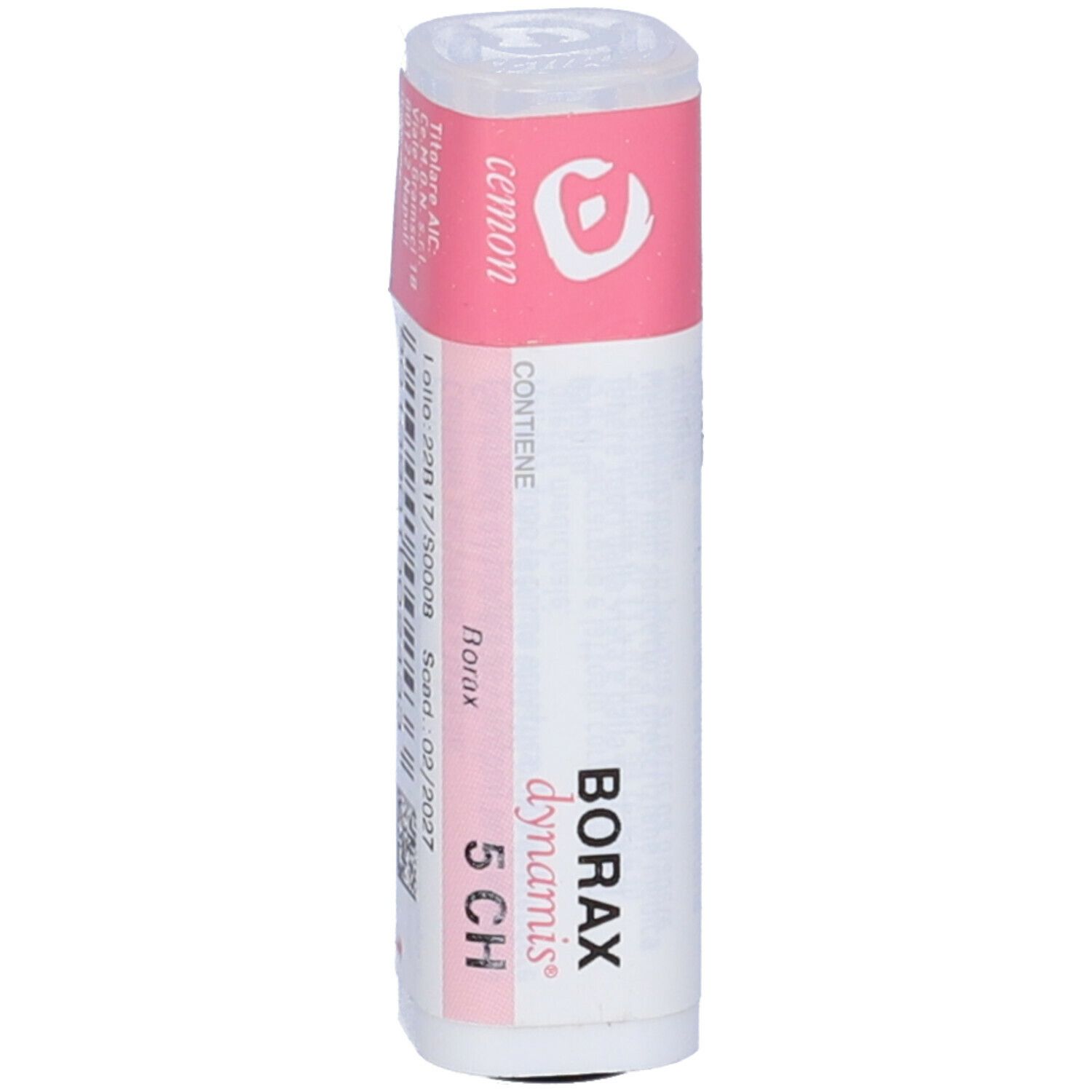 Confezione cilindrica con etichetta rosa. Scritta: Borax dynamis 5 CH.