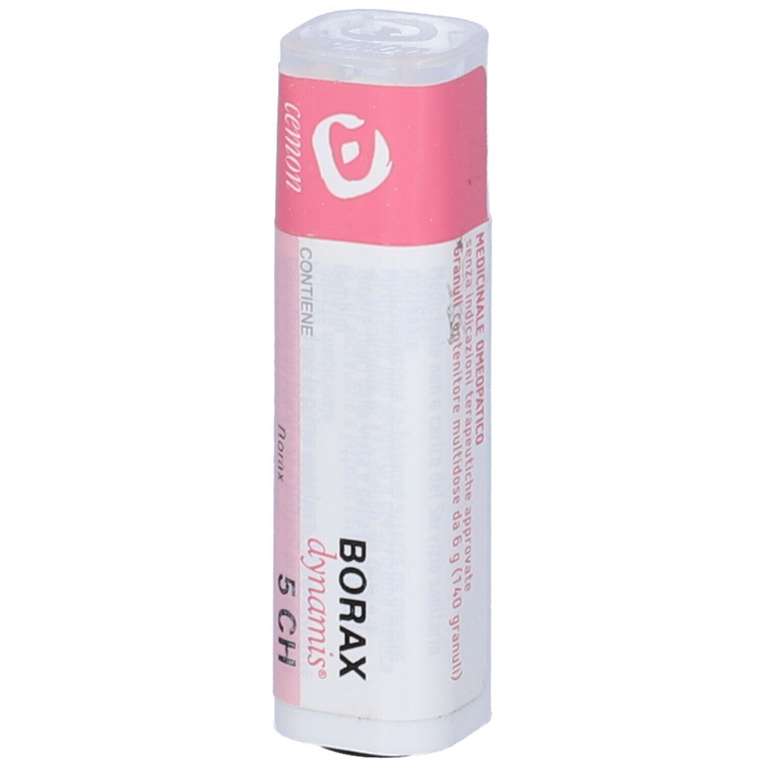 Confezione cilindrica con etichetta rosa. Scritta: Borax dynamis 5 CH. Testo aggiuntivo.