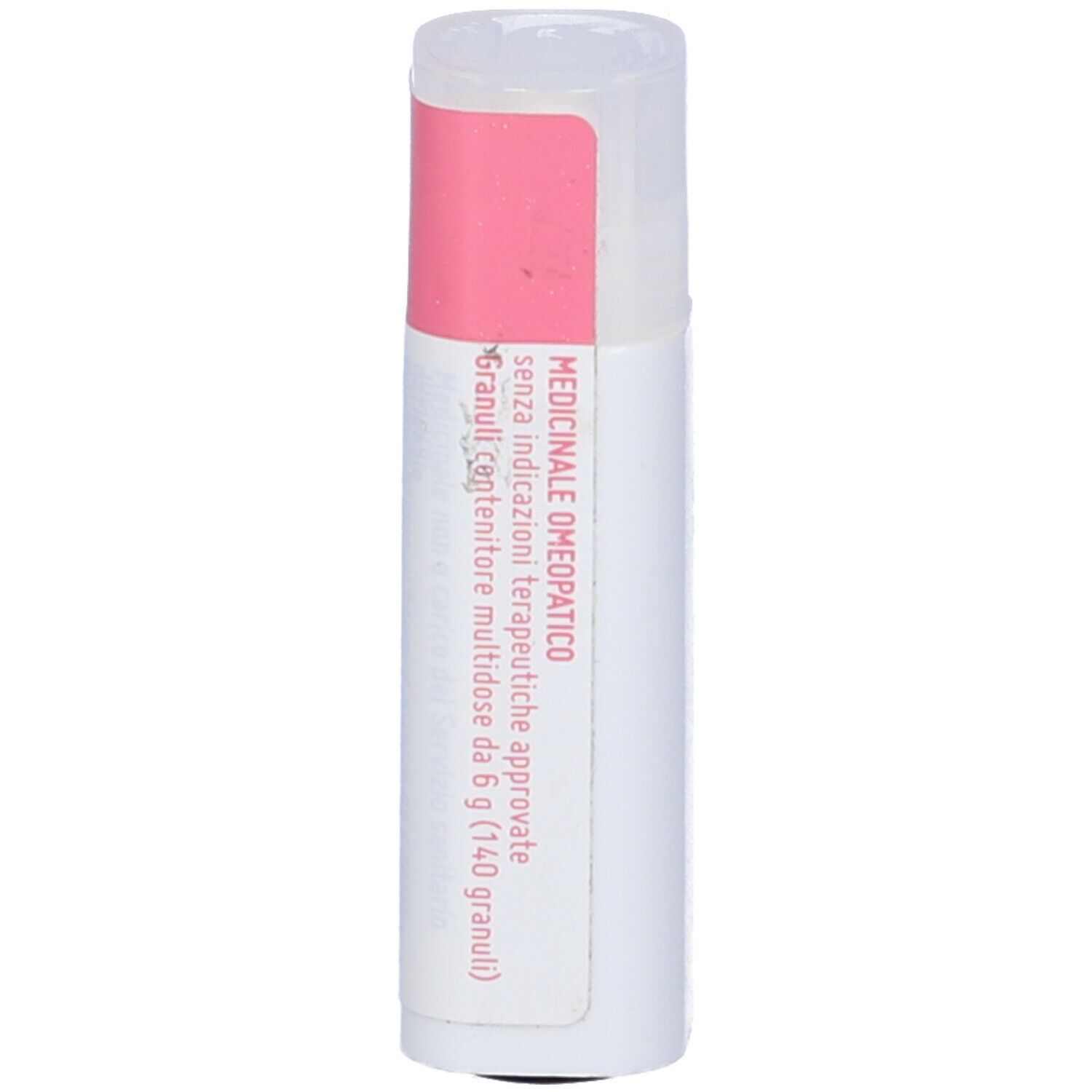 Confezione cilindrica con etichetta rosa. Scritta: MEDICINALE OMEOPATICO.