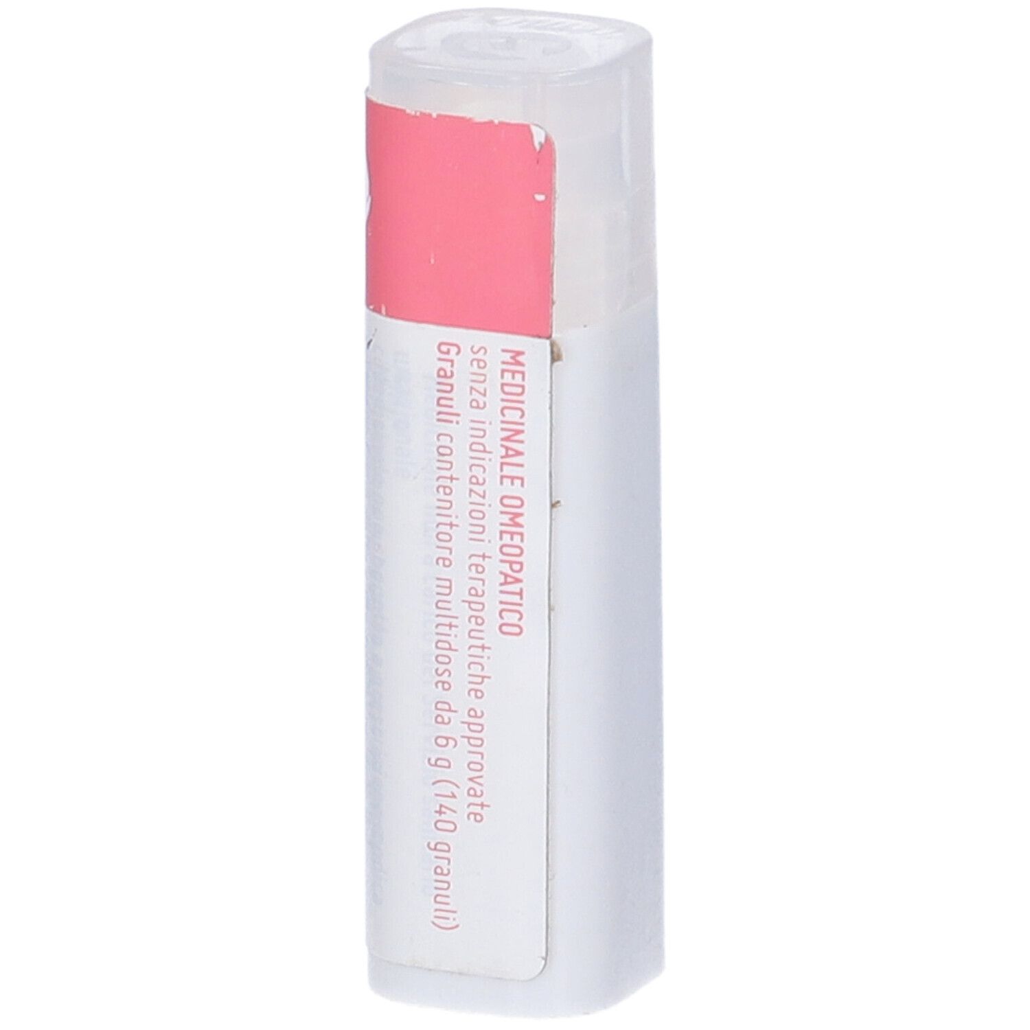 Confezione cilindrica con etichetta rosa e bianca. Scritta: Medicinale omeopatico.